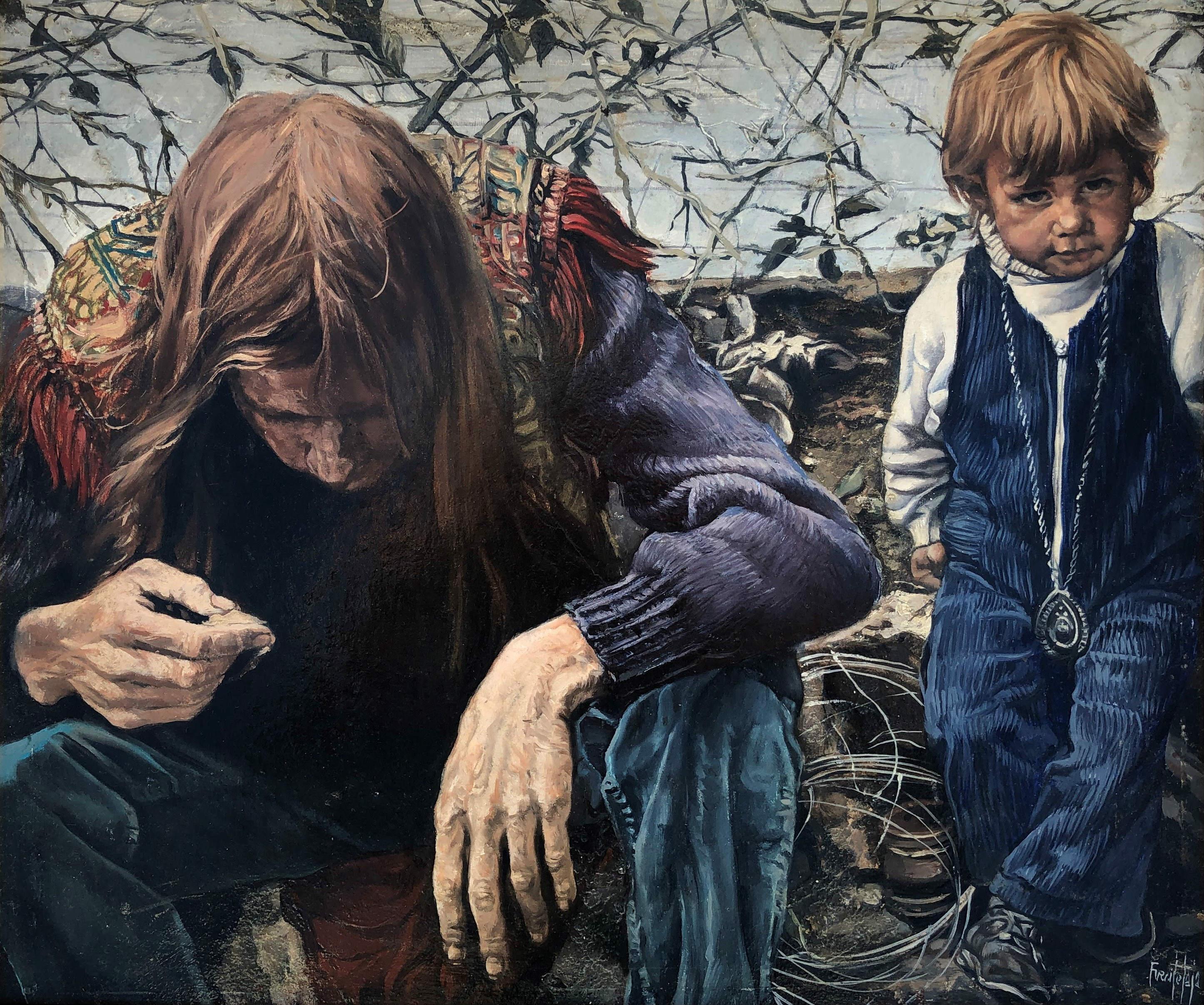 Hippies - Peinture à l'huile originale, réalisme acrylique - Painting de José Luis Fuentetaja