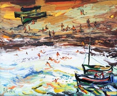 Joan Abello - Beach's day, spanish original oil canvas painting seascape