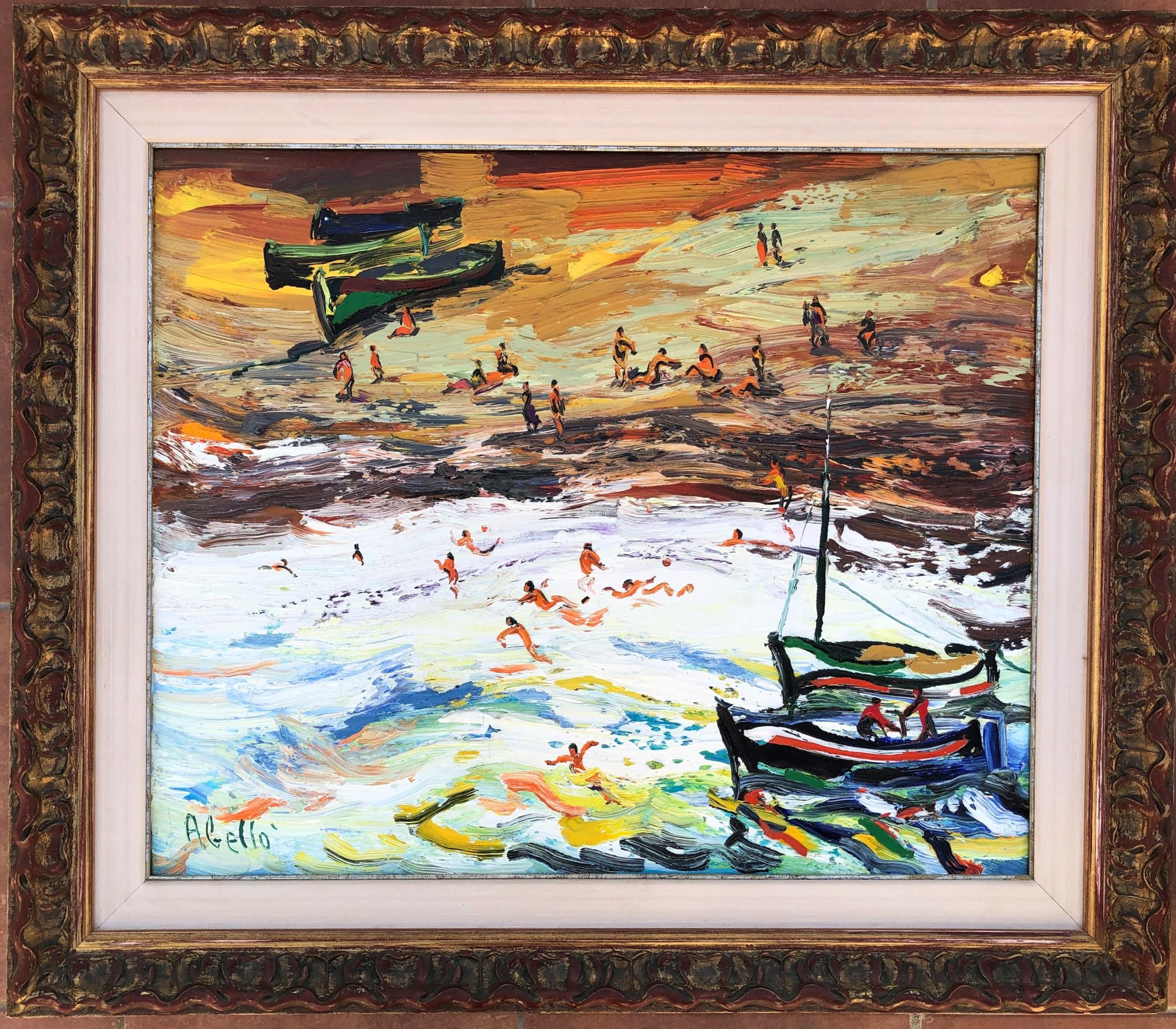 Joan Abello - Beach's day, spanish original oil canvas painting seascape - Painting by Joan Abello Prat