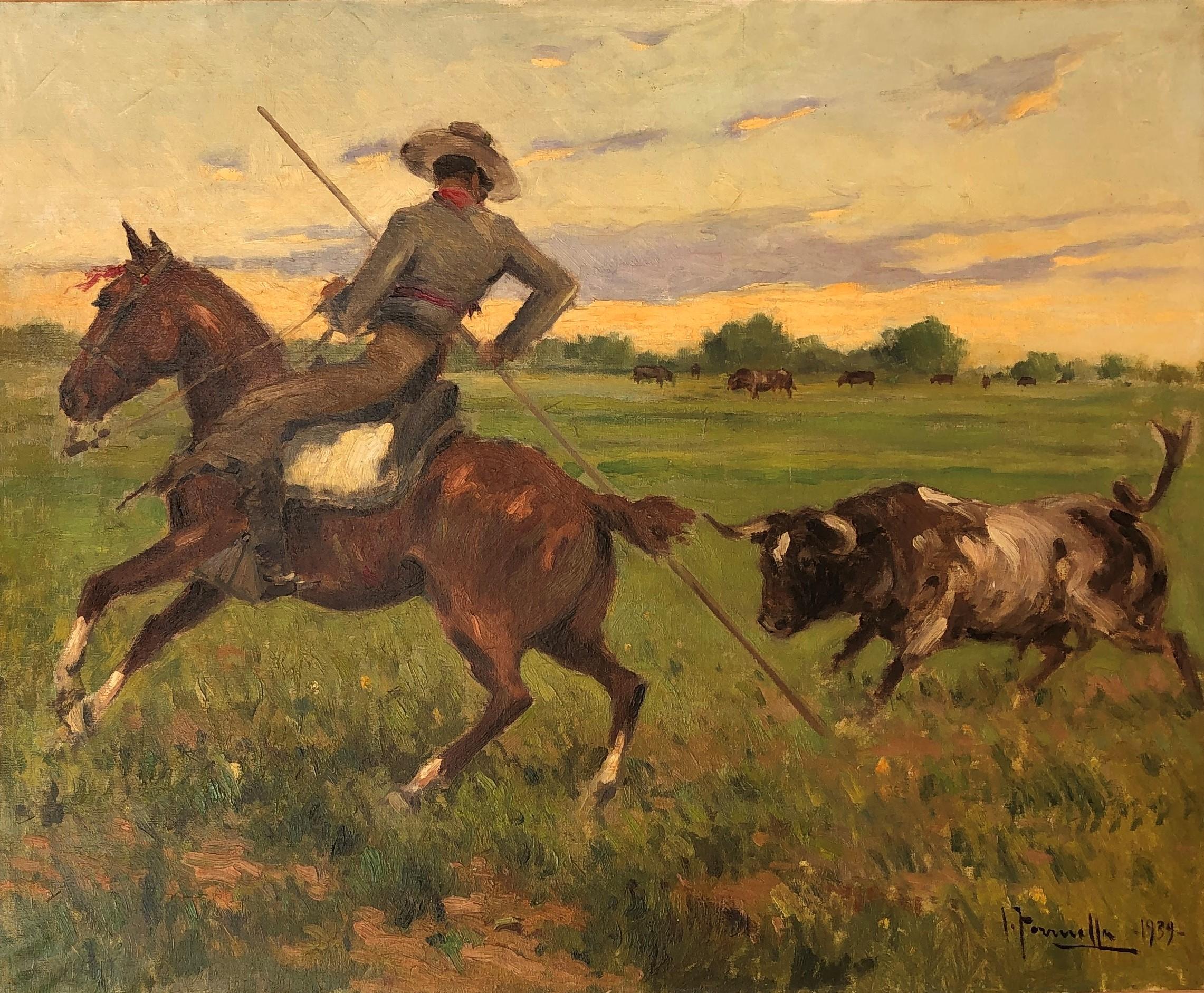 Joaquin Terruella Matilla Landscape Painting - Joaquin Terruella bullfighting scene spanish landscape oil painting