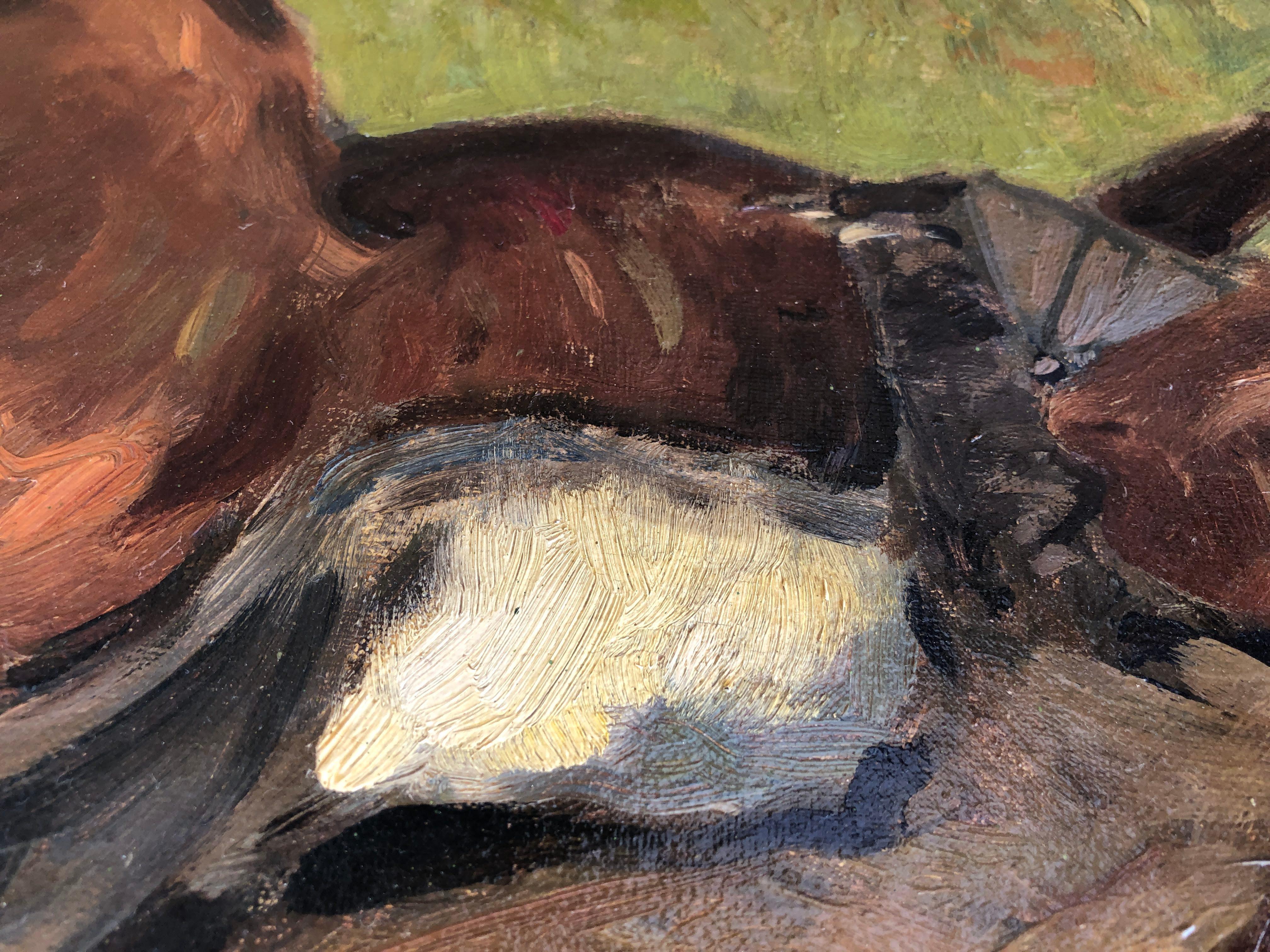 Joaquin Terruella bullfighting scene spanish landscape oil painting - Brown Landscape Painting by Joaquin Terruella Matilla