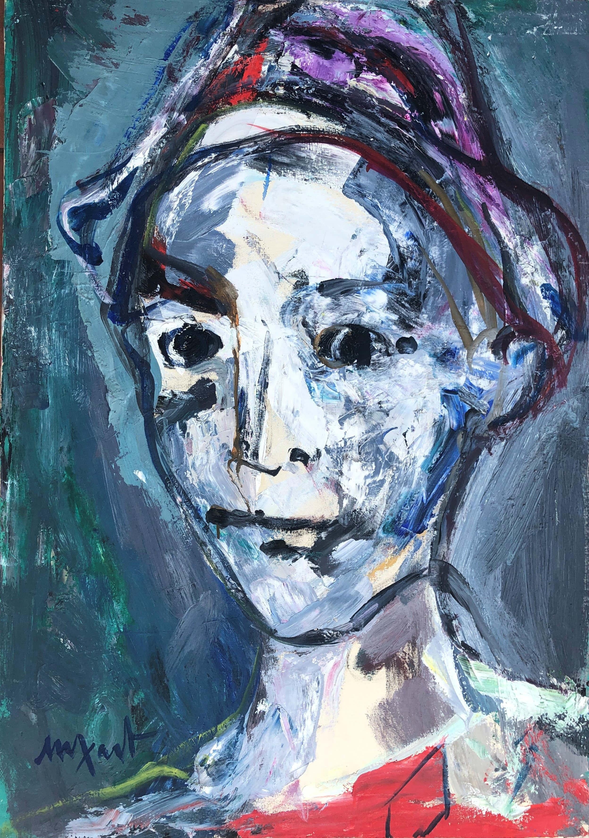 Jaume Muxart Domenech Portrait Painting - Clown portrait original oil on canvas painting c.1980