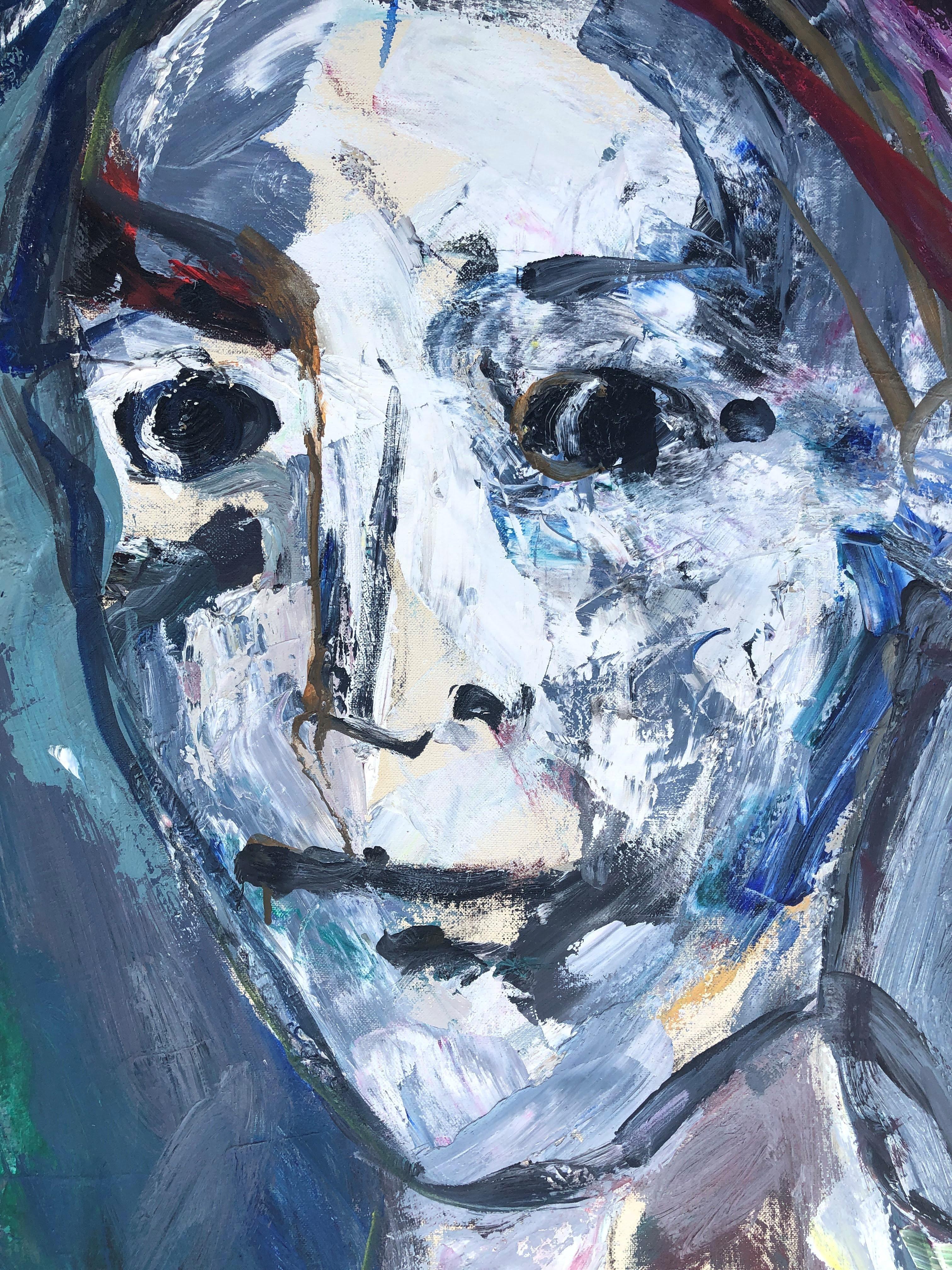 Clown portrait original oil on canvas painting c.1980 - Blue Portrait Painting by Jaume Muxart Domenech