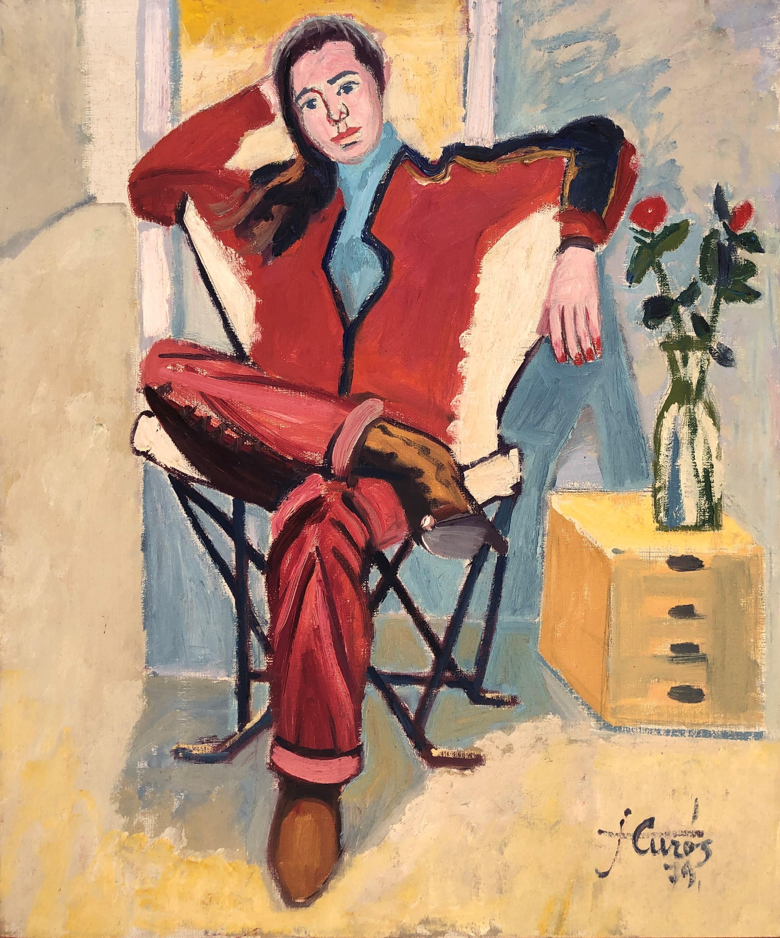 Jordi Curos Ventura Portrait Painting - Sit woman with flowers oil on canvas painting