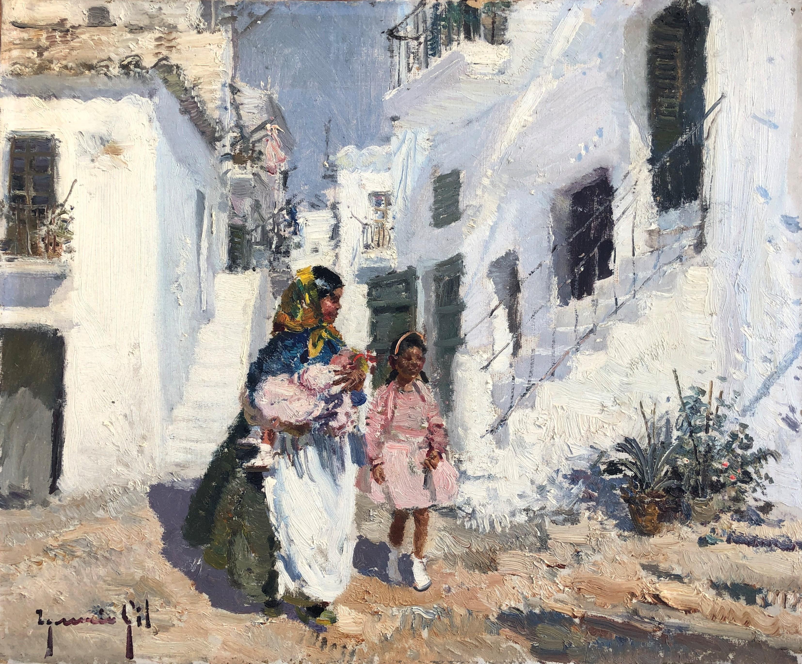 Landscape Painting Ignacio Gil Sala - Le village d'Ibiza vue d'Espagne, peinture originale à l'huile sur toile