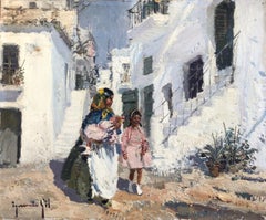 Le village d'Ibiza vue d'Espagne, peinture originale à l'huile sur toile