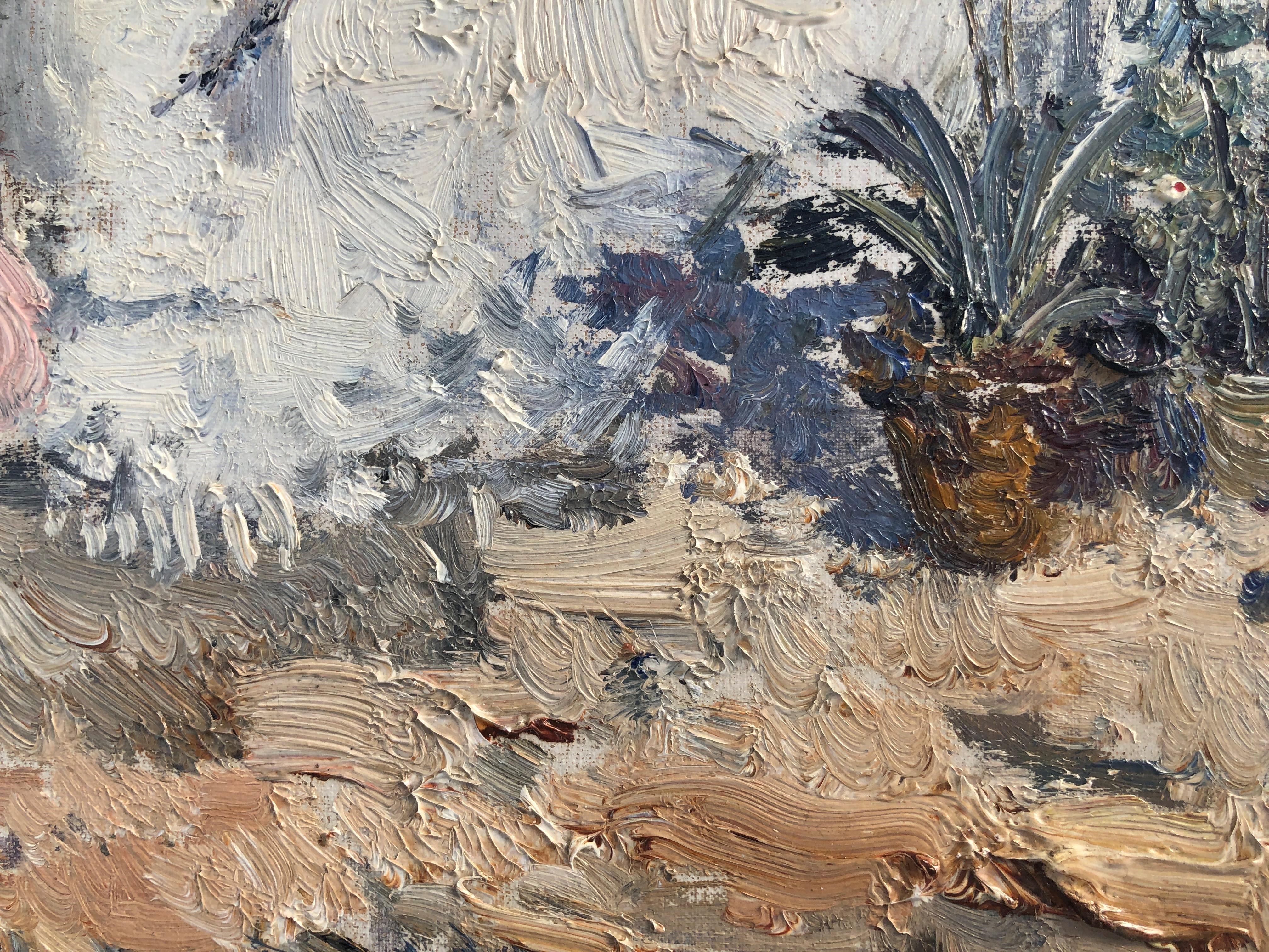 Ibiza village view Spain original oil on canvas painting - Gray Landscape Painting by Ignacio Gil Sala