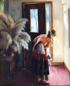Original-Gemälde „Frau und Hund“ in Öl auf Leinwand