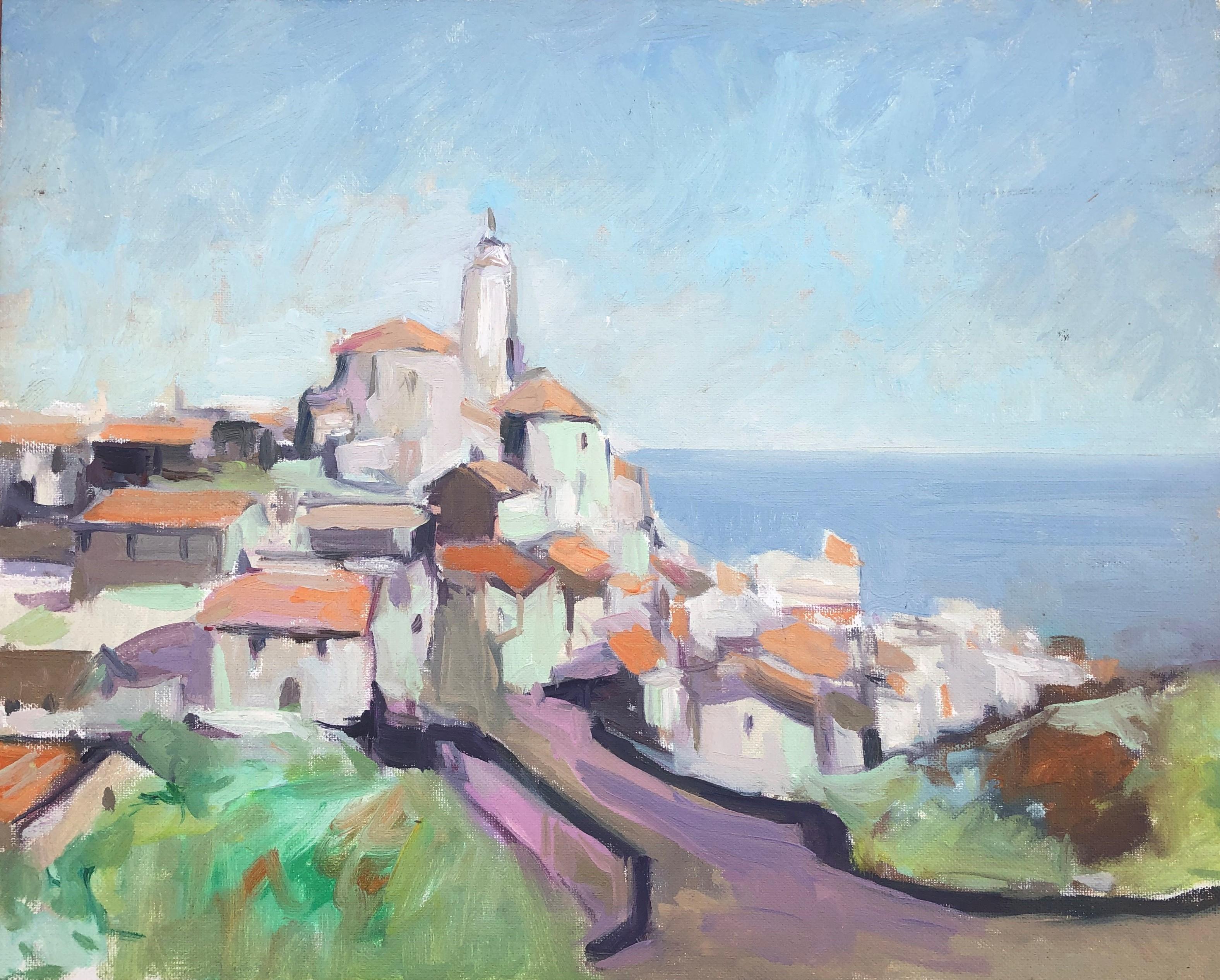 Mediterranean village seascape original oil painting