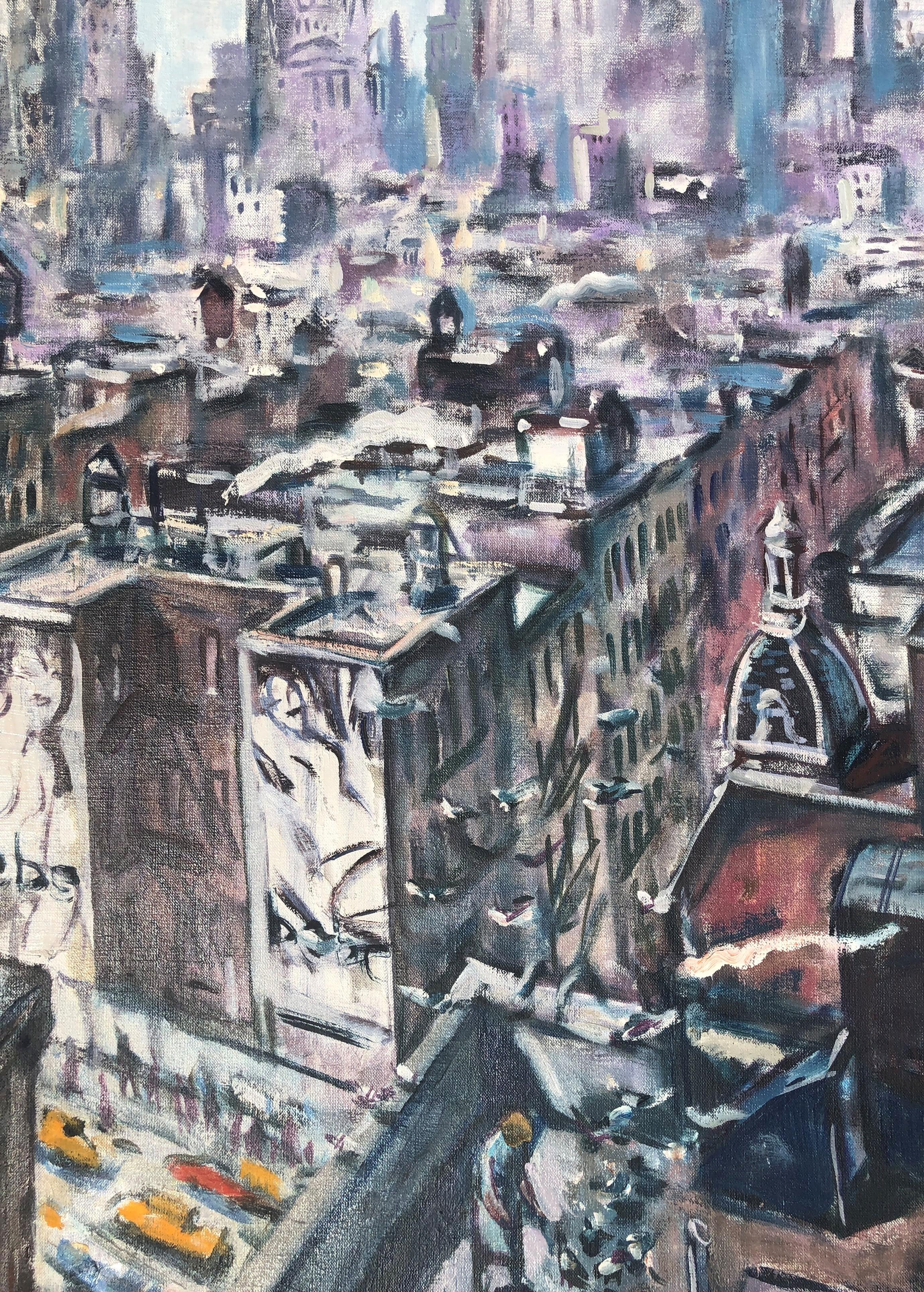 New York City view NYC original oil on canvas painting - Gray Landscape Painting by Ramon Moscardo