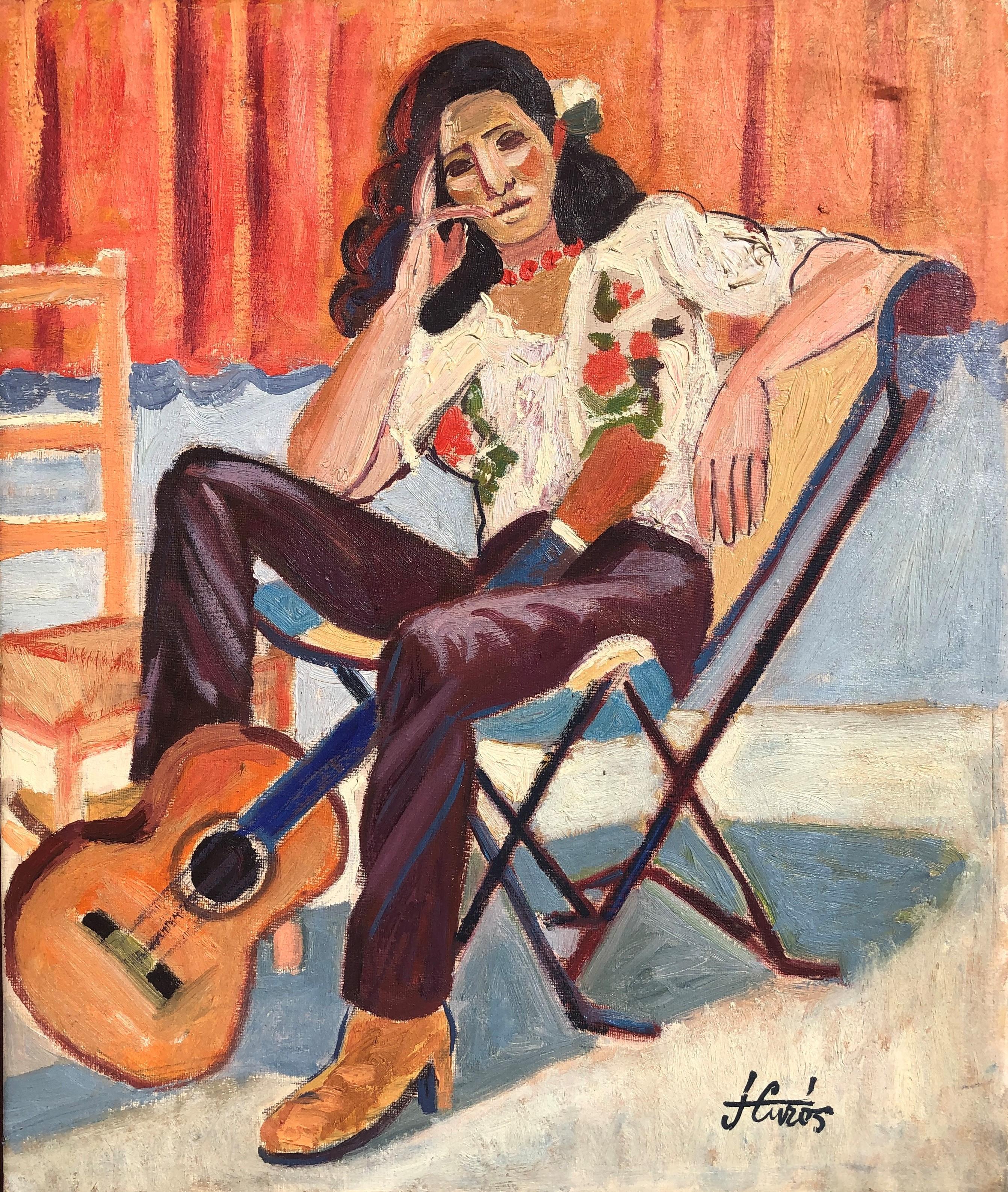 Jordi Curos Portrait Painting - Female figure with guitar original oil on canvas painting