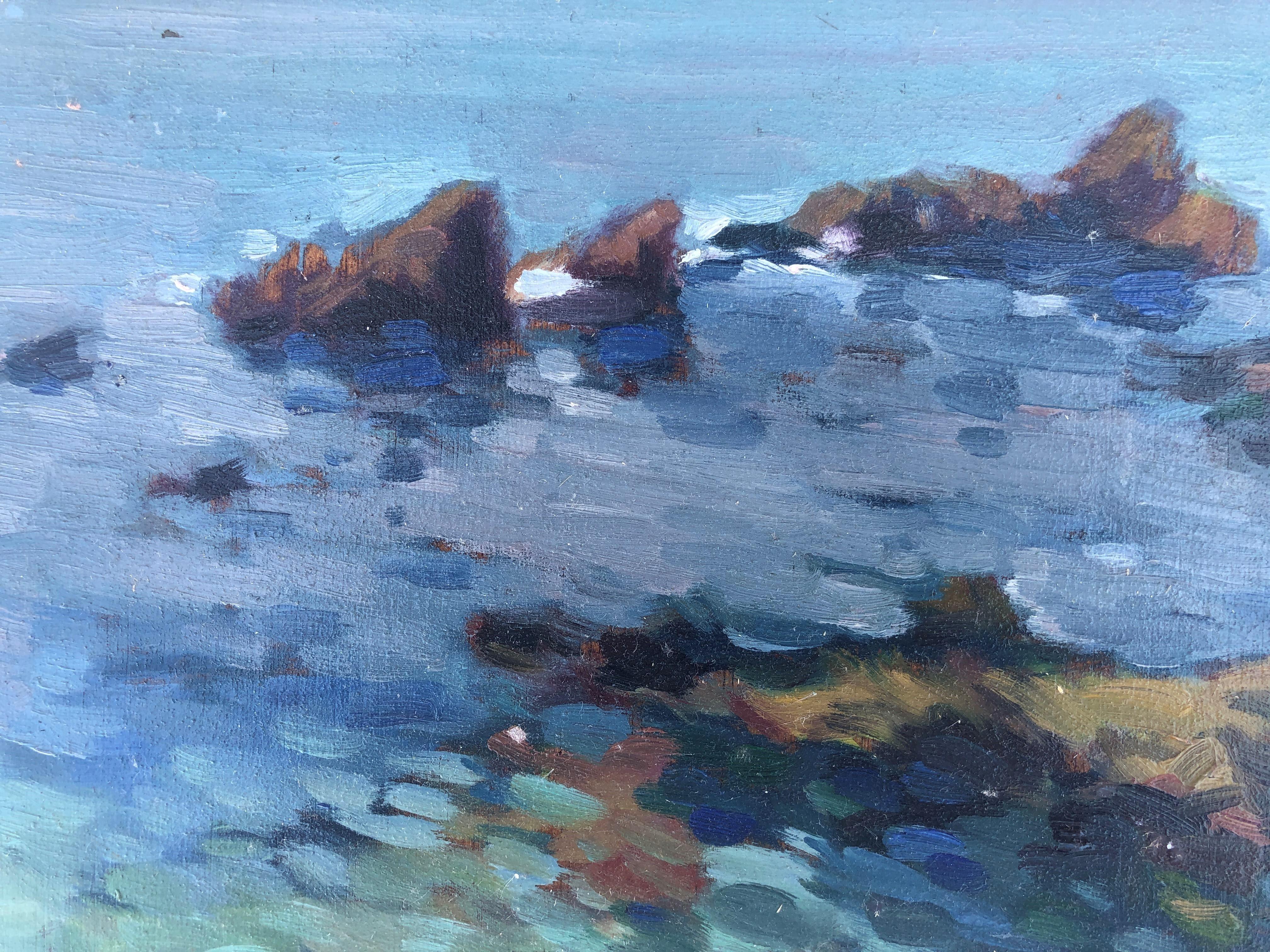 Catalan coast seascape original oil on board painting - Blue Landscape Painting by Josep Marfa Guarro