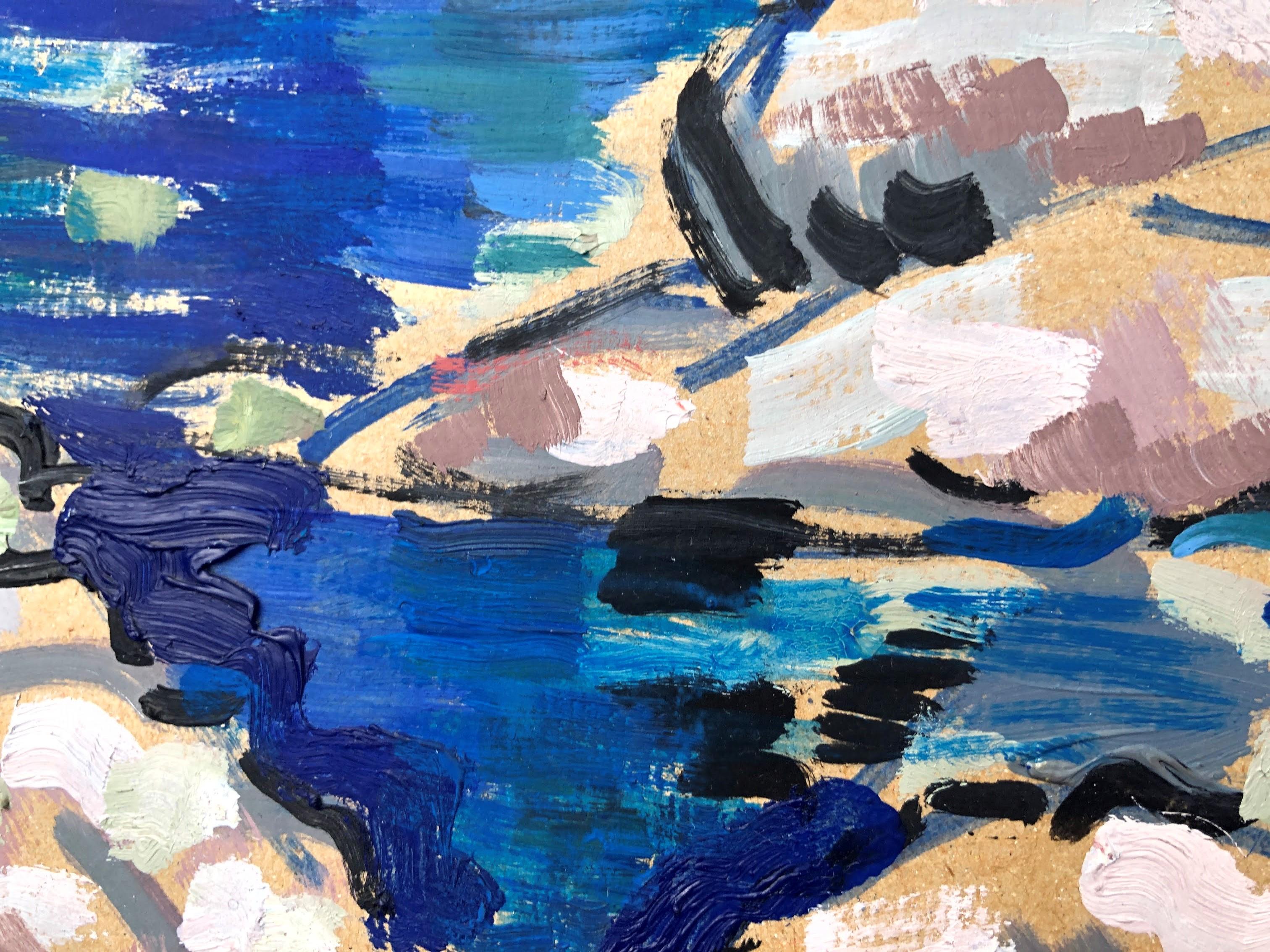 Paysage marin fauviste original, peinture à l'huile sur carton - Gris Landscape Painting par Lluis Mercader