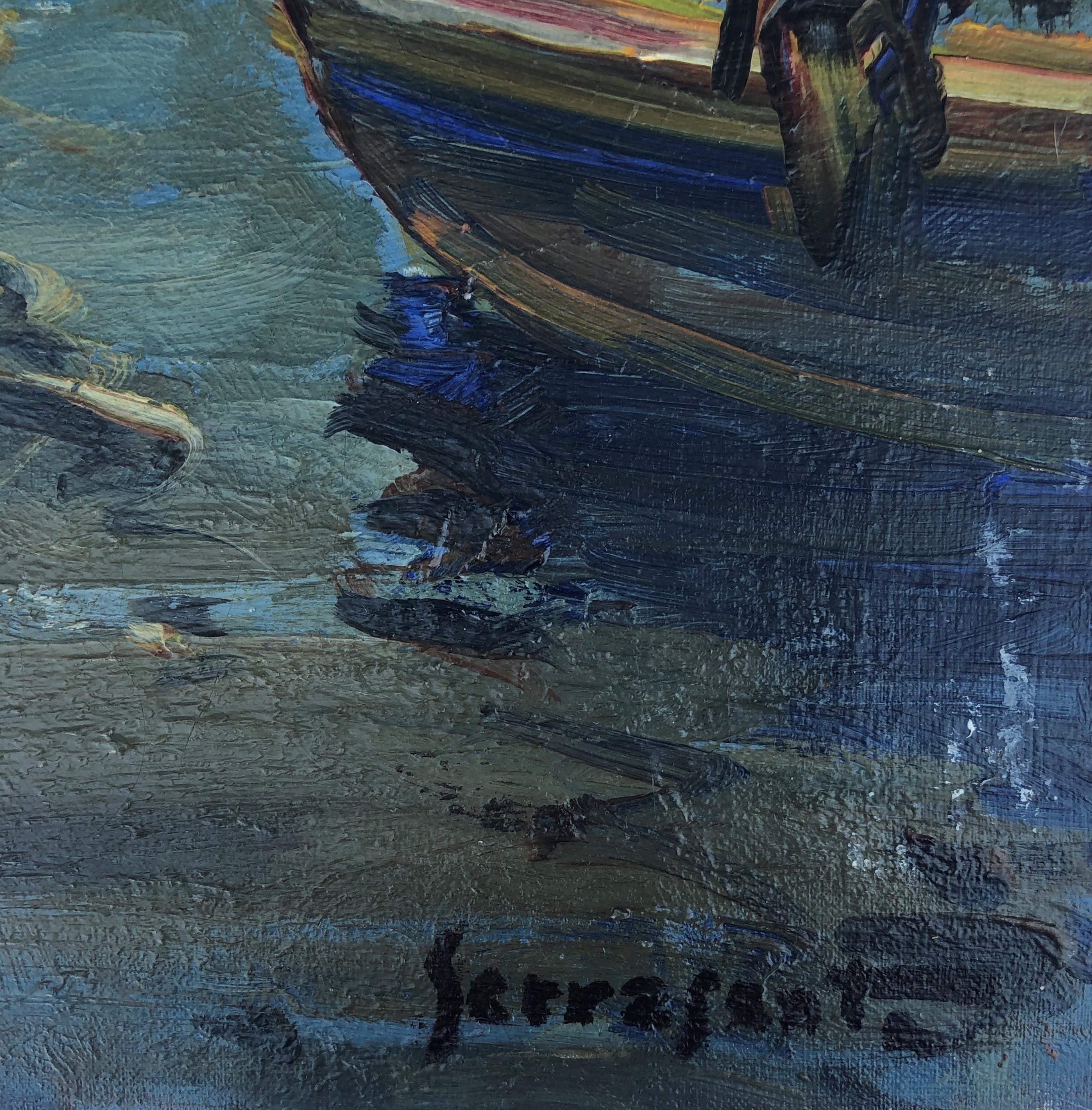 Peinture originale à l'huile sur toile, paysage marin d'un port de pêche espagnol - Painting de Josep Serrasanta