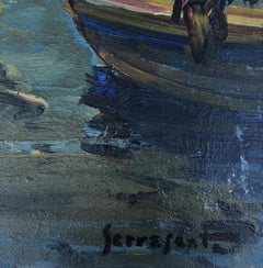 Peinture originale à l'huile sur toile, paysage marin d'un port de pêche espagnol