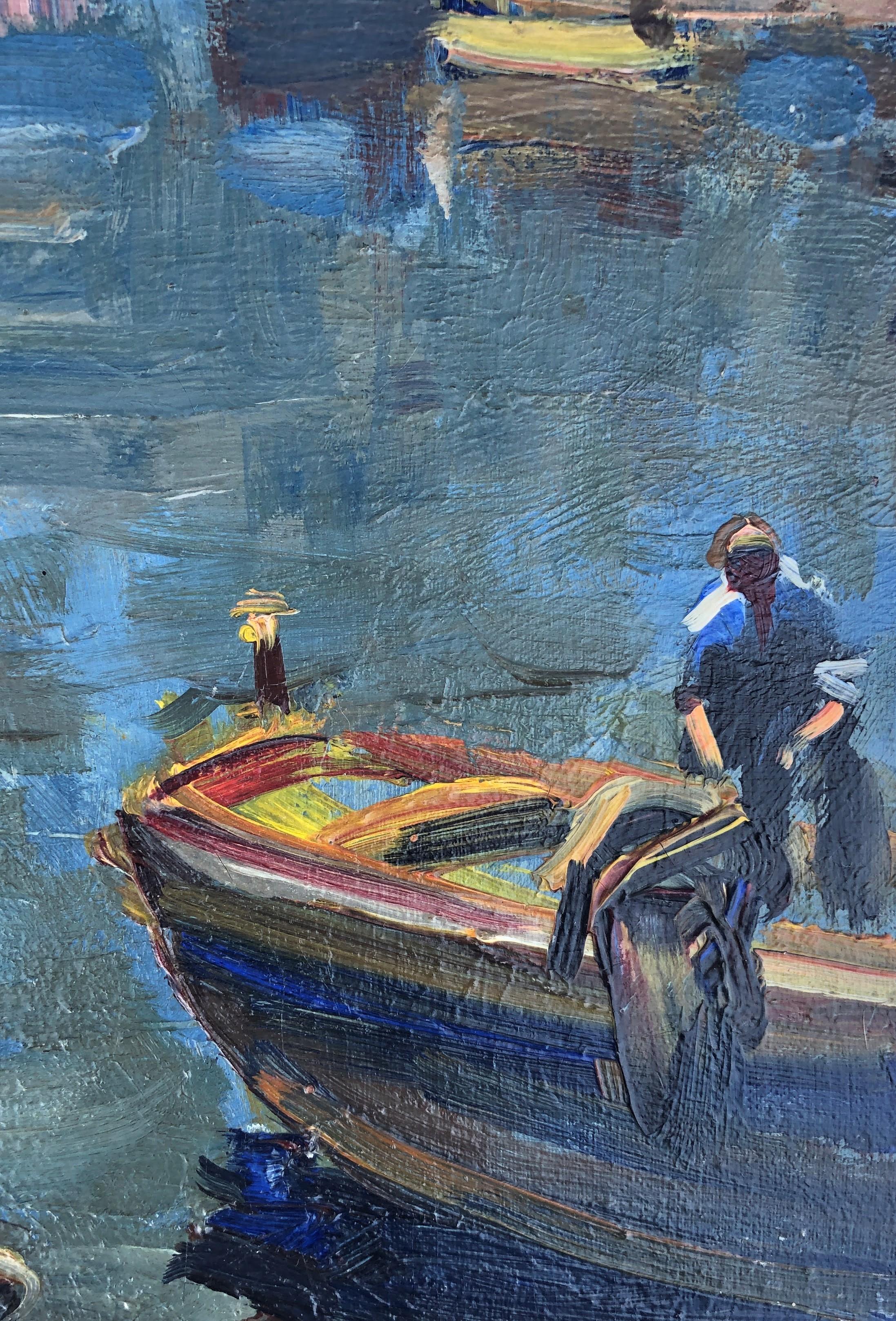 Peinture originale à l'huile sur toile, paysage marin d'un port de pêche espagnol - Post-impressionnisme Painting par Josep Serrasanta