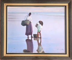 Mother and son on the beach oil on canvas painting