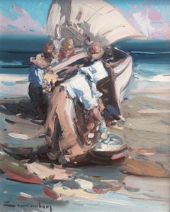 Fishermen on the beach of Valencia Spain oil on board