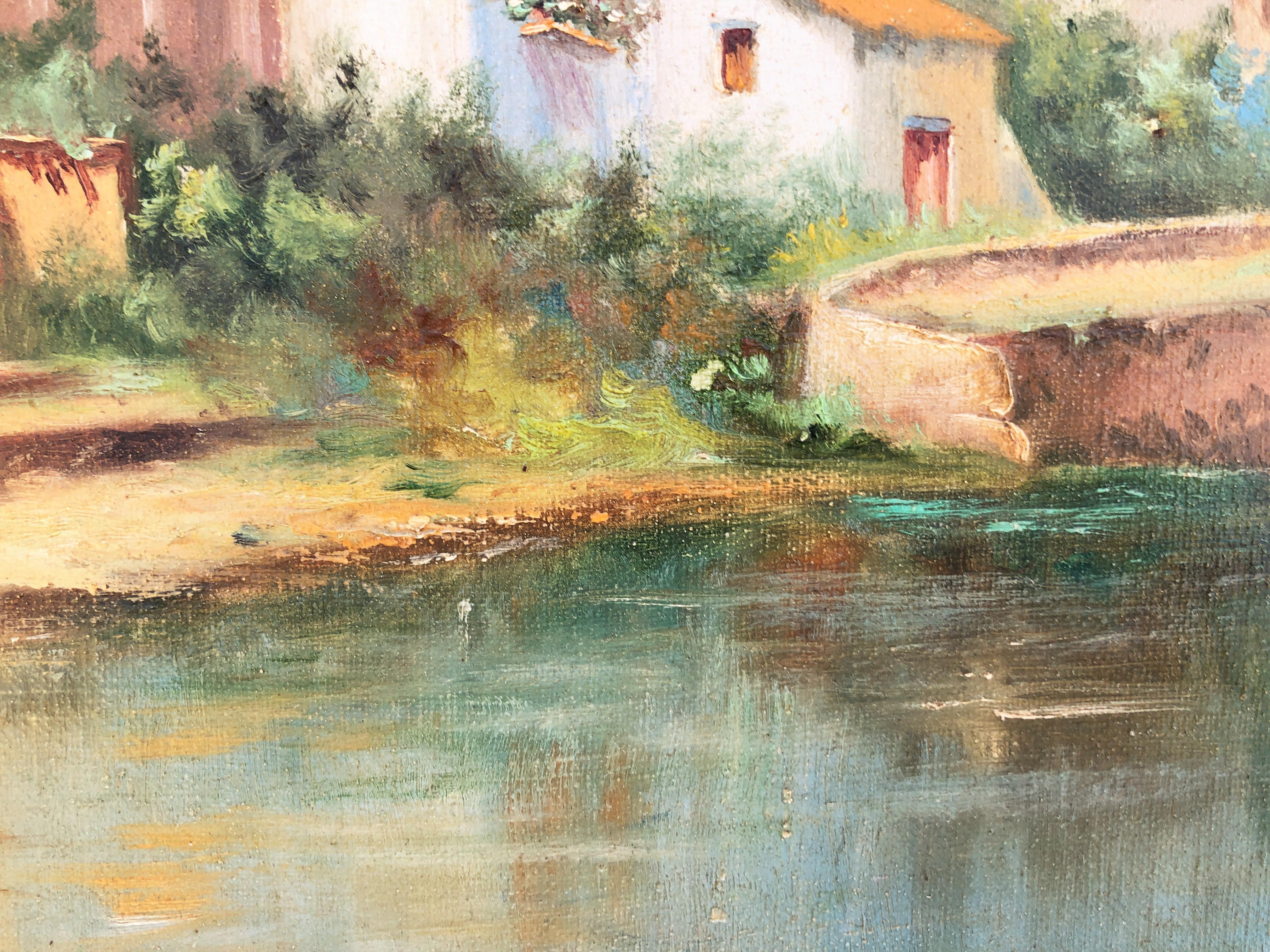 Seville Guadalquivir River Spain oil on canvas painting - Gray Landscape Painting by Carlota Rosales Martínez de Pedrosa