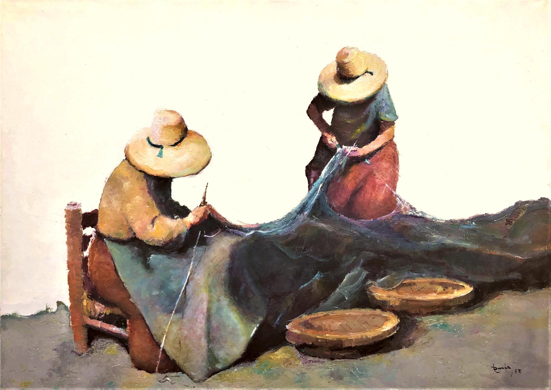 Ramon Poveda Figurative Painting - Women mending fishing nets mediterranean oil on canvas painting