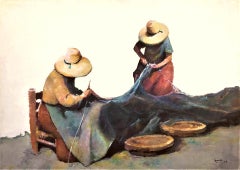 Women mending fishing nets mediterranean oil on canvas painting