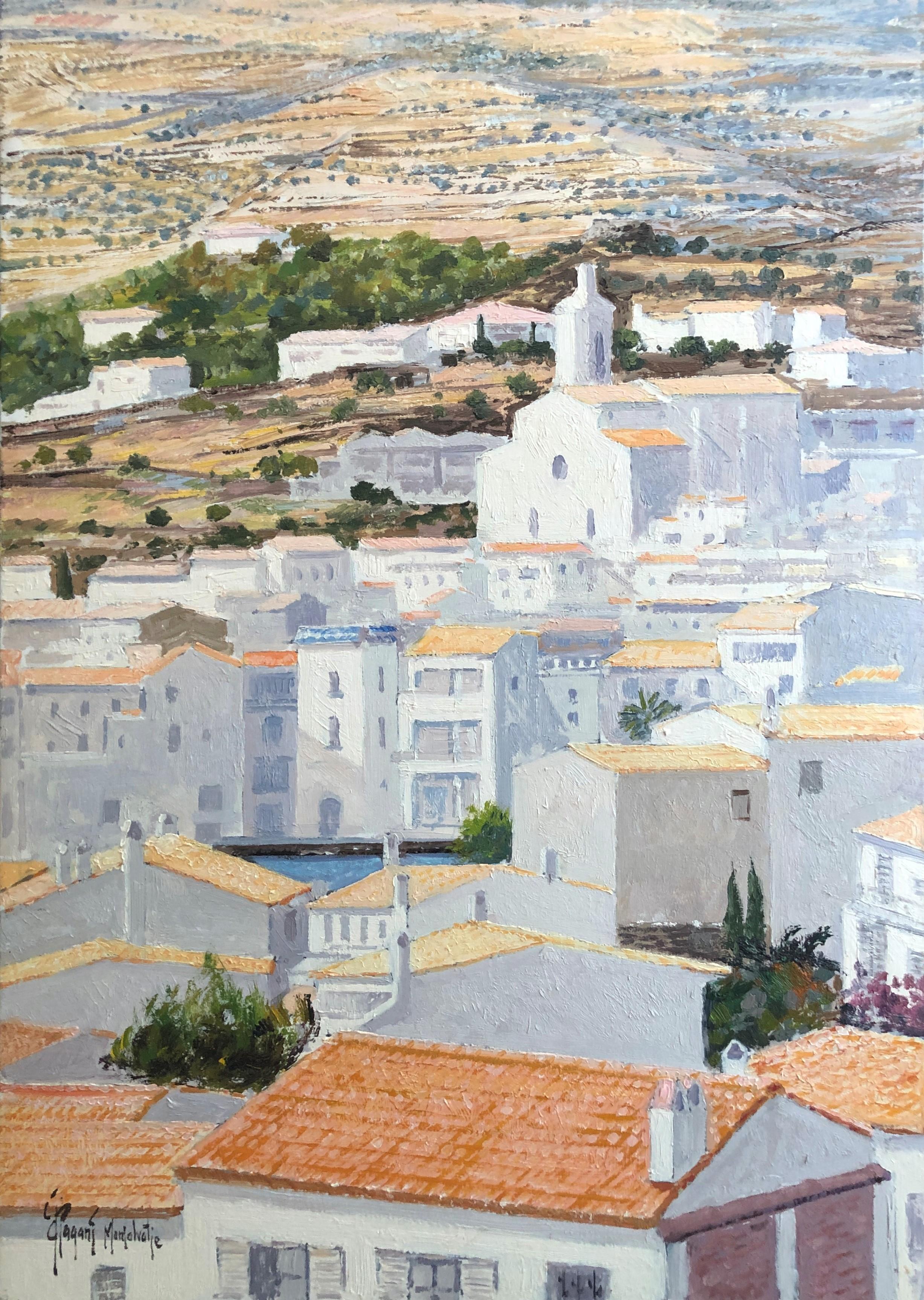 Jordi Pagans Montsalvatje Landscape Painting - Roofs of Cadaqués Spain oil on canvas painting seascape