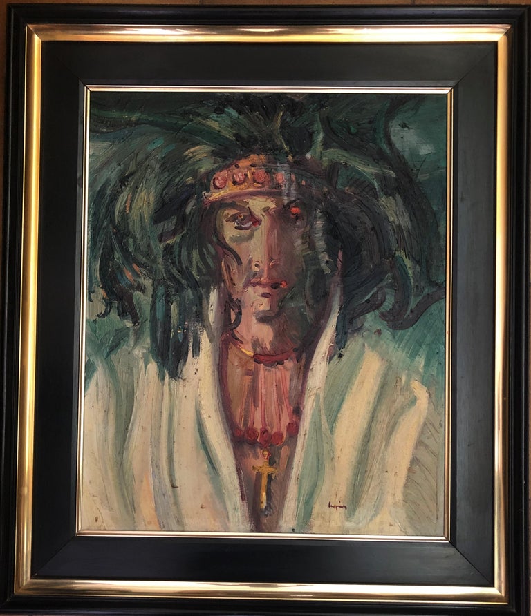 Hippie portrait original oil on canvas painting - Painting by Joan Cruspinera