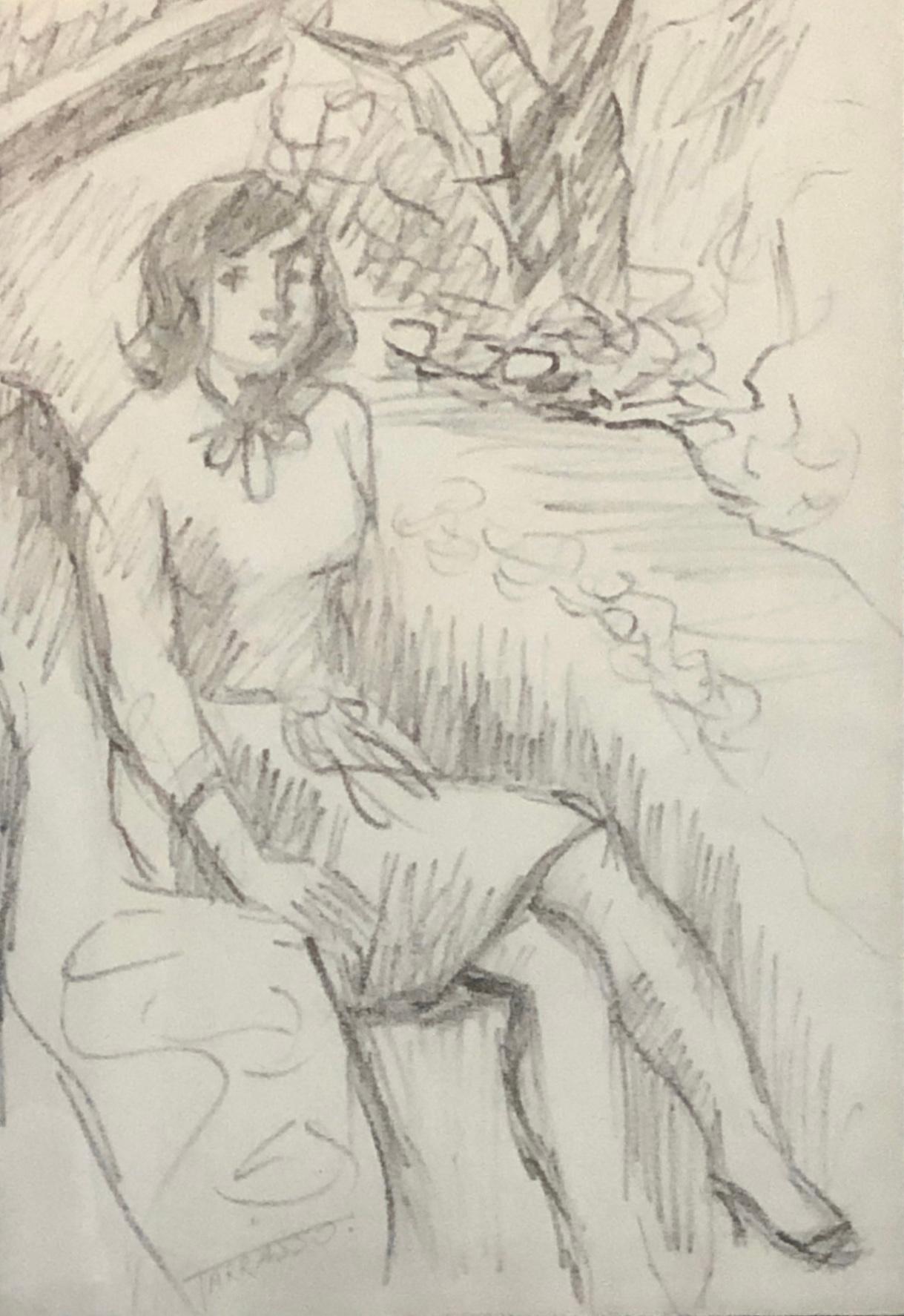 Femme assise dessin au crayon