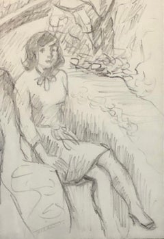 Vintage Sit woman pencil drawing