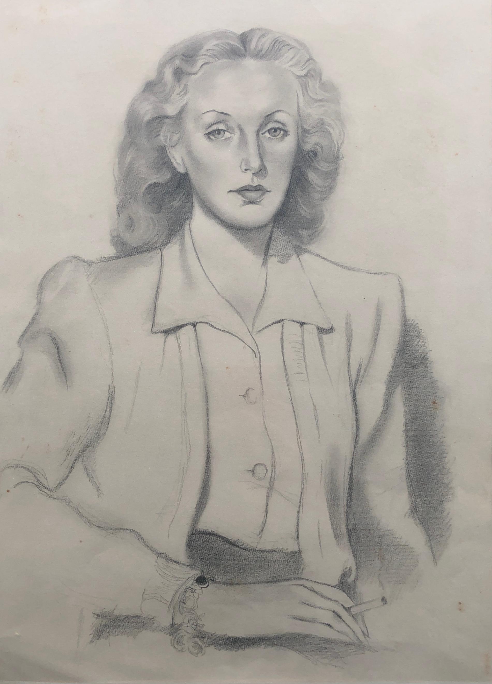 Portrait Unknown - Femme fumant dessin au crayon