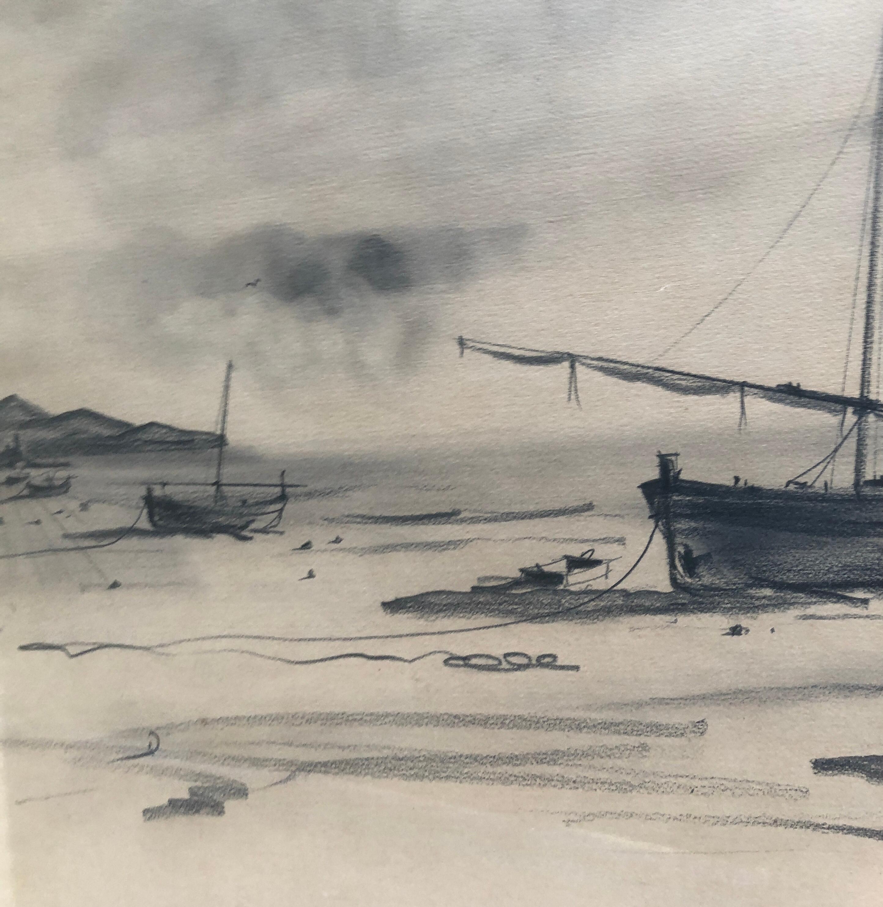 Sitges beach Barcelona Spain charcoal drawing - Gray Figurative Art by Francesc Ferrer Farreras BRUNO