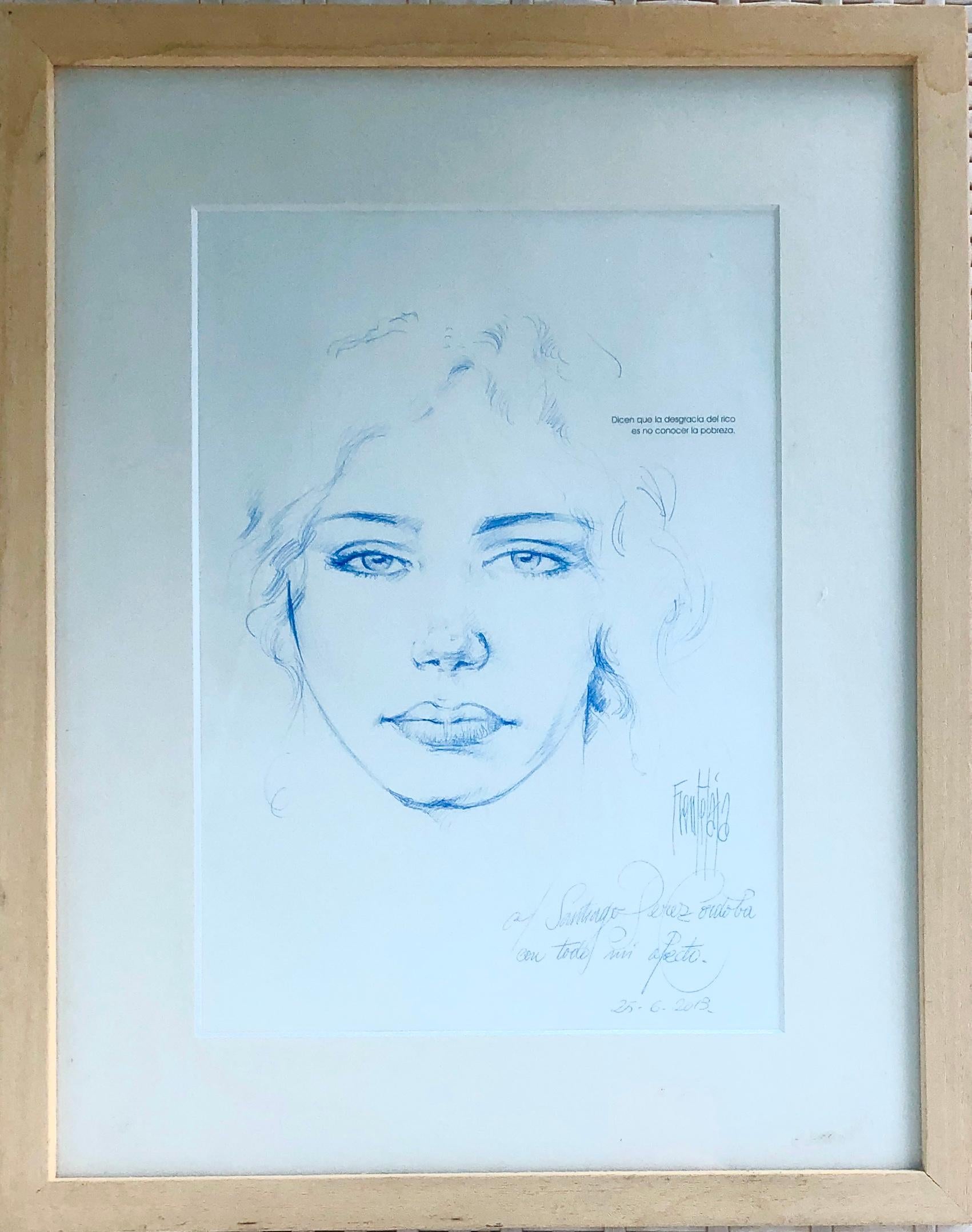 Kugelschreiberzeichnung weibliches Gesicht – Art von José Luis Fuentetaja
