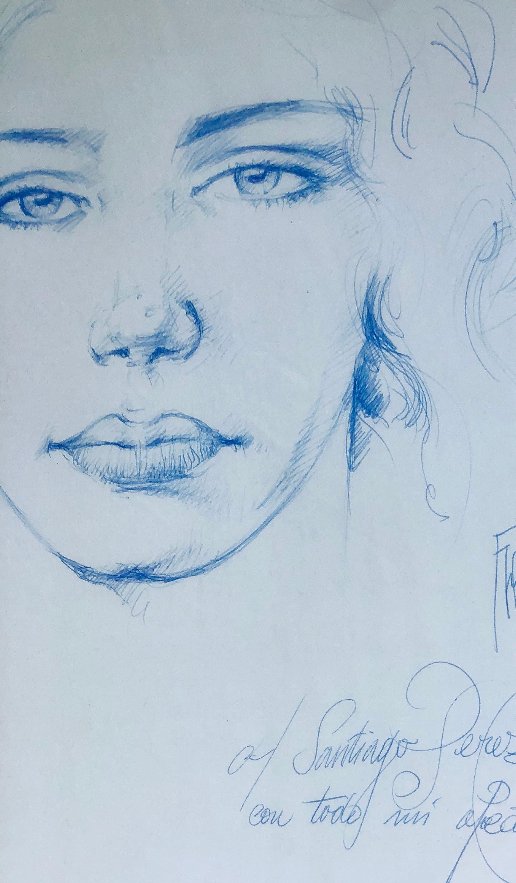 Kugelschreiberzeichnung weibliches Gesicht (Grau), Portrait, von José Luis Fuentetaja