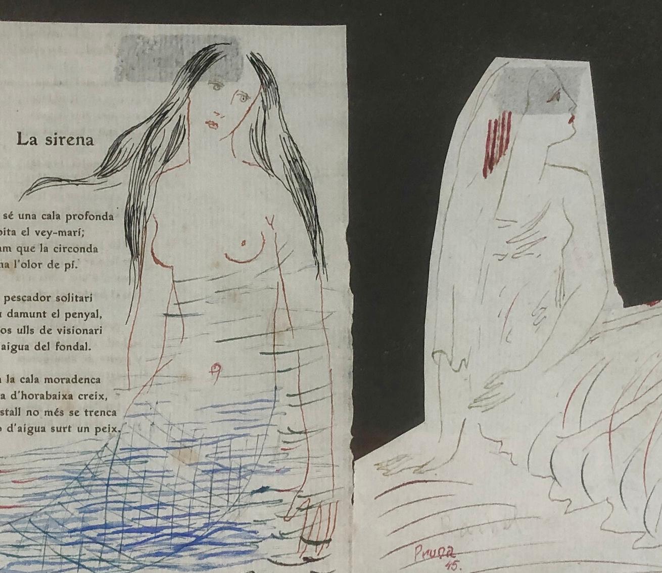 zwei Zeichnungen nackt mit farbigen Tusche