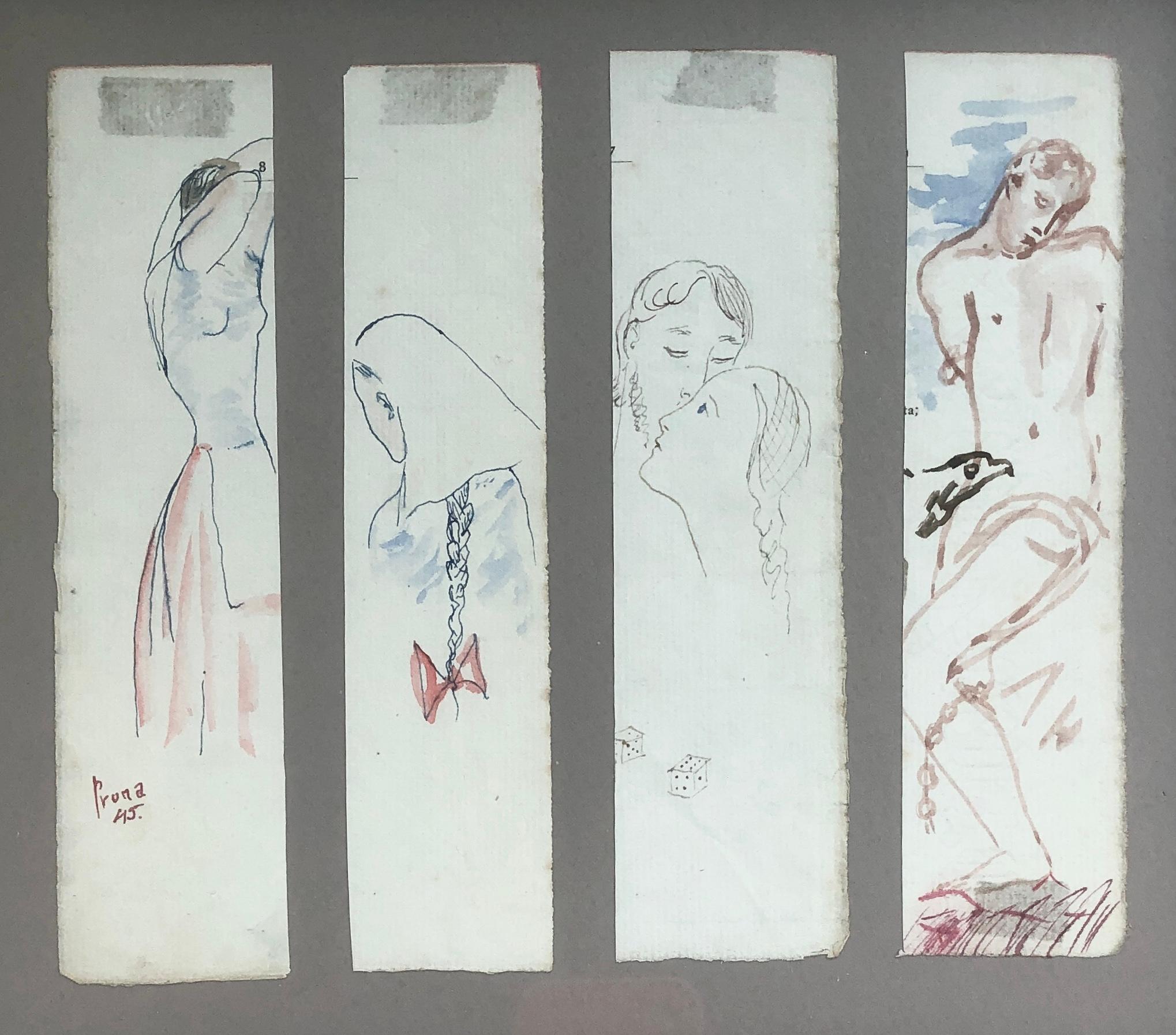 Pere Pruna y Ocerans Nude - four drawings colored inks nude