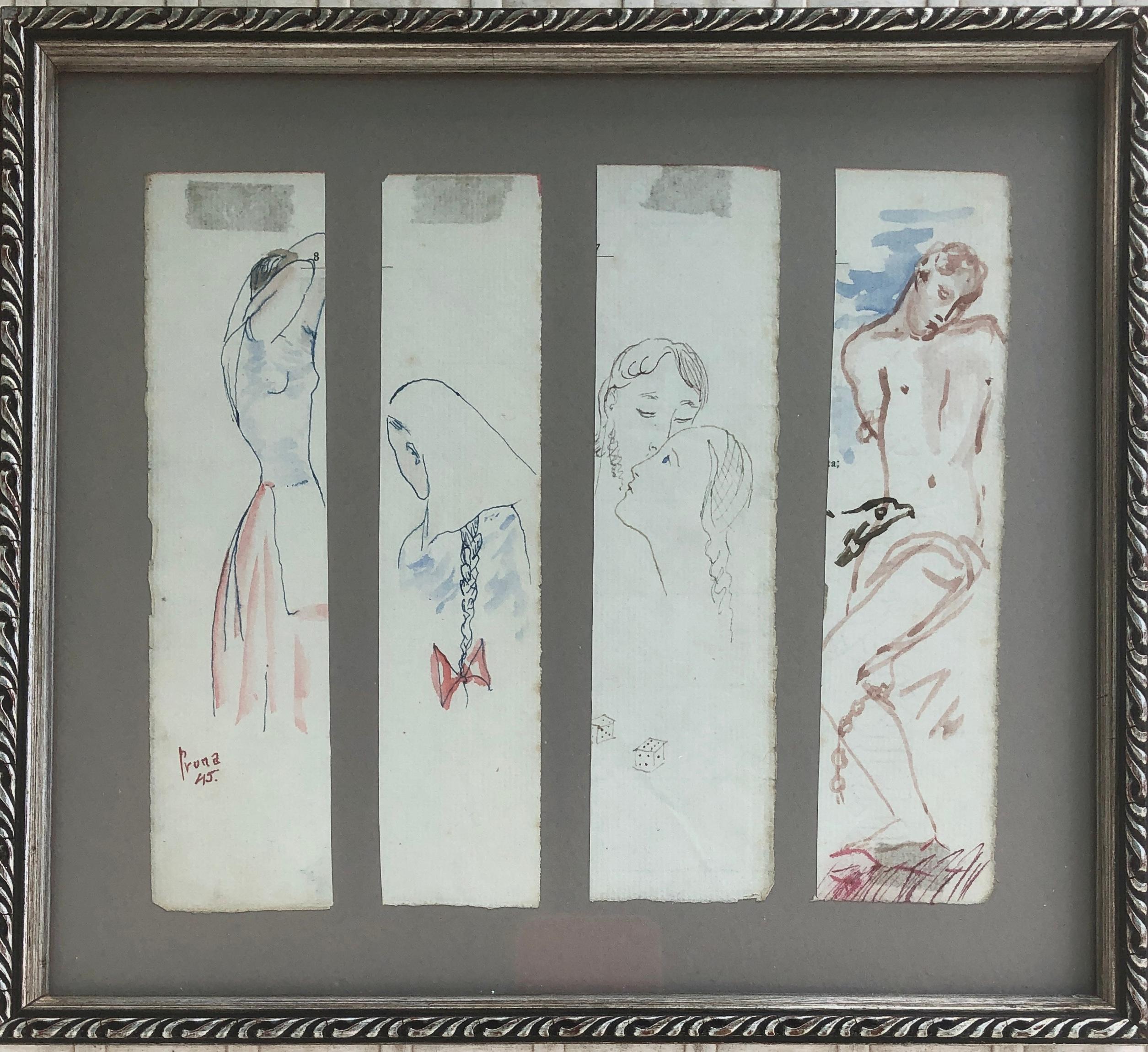 vier Zeichnungen farbige Tinte Akt – Art von Pere Pruna y Ocerans