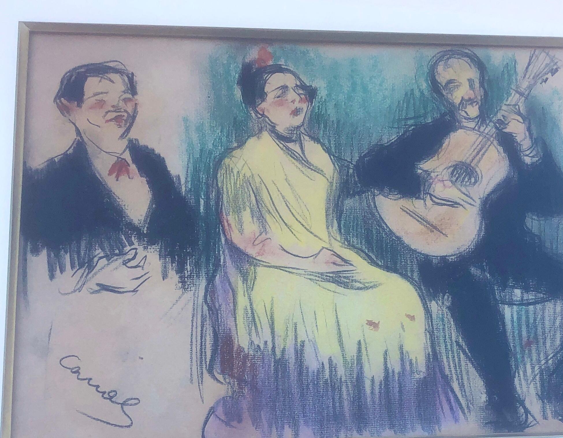 Flamenco musicians drawing colored pencils spanish modernism - Modern Art by Ricard Canals Llambí