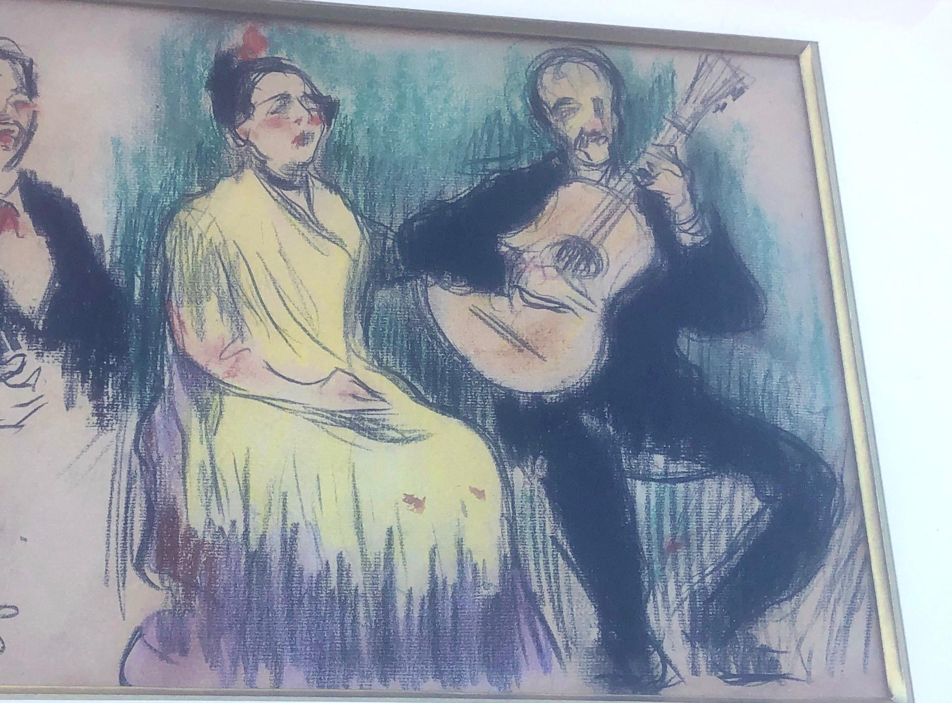 Flamenco musicians drawing colored pencils spanish modernism For Sale 2