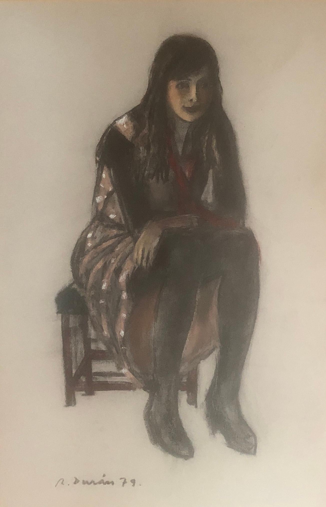 Sit woman pastel drawing