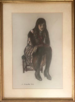 Sit woman pastel drawing