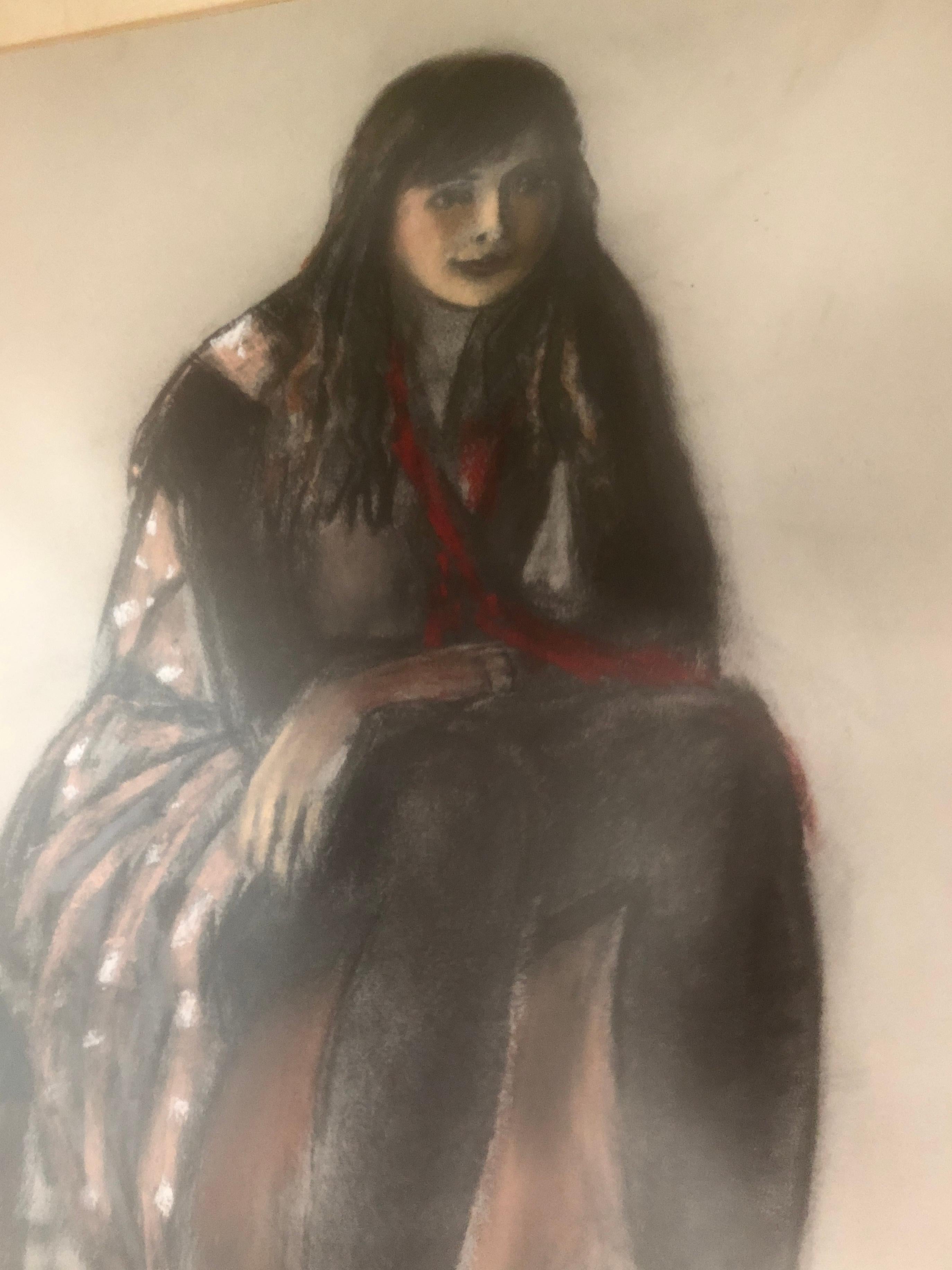 Sit woman pastel drawing For Sale 3