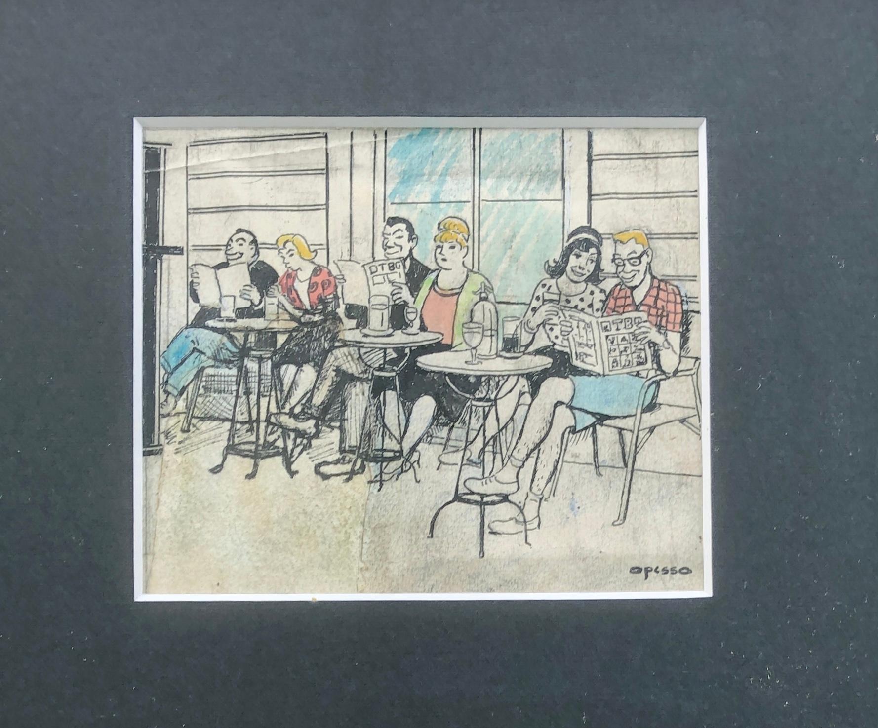 Figurative Art Ricard Opisso Sala - personnes sur la terrasse du bar modernité espagnole crayons de couleur