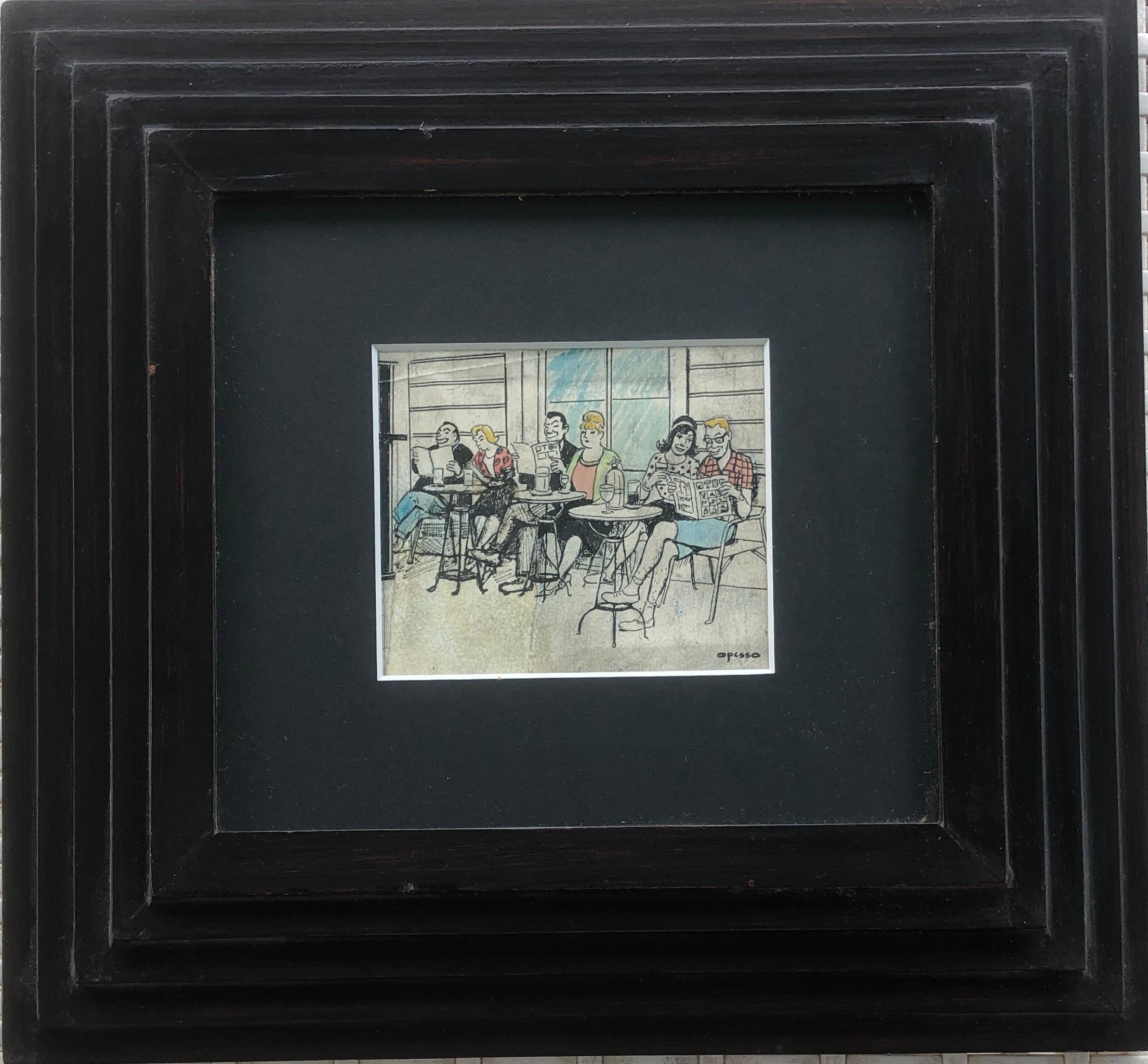 menschen auf der bar terrasse spanische modernität farbige bleistifte – Art von Ricard Opisso Sala