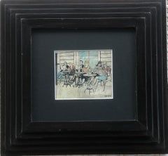 "Colored Pencil Drawing of People on Bar Terrace, Modern Style, 1930s"