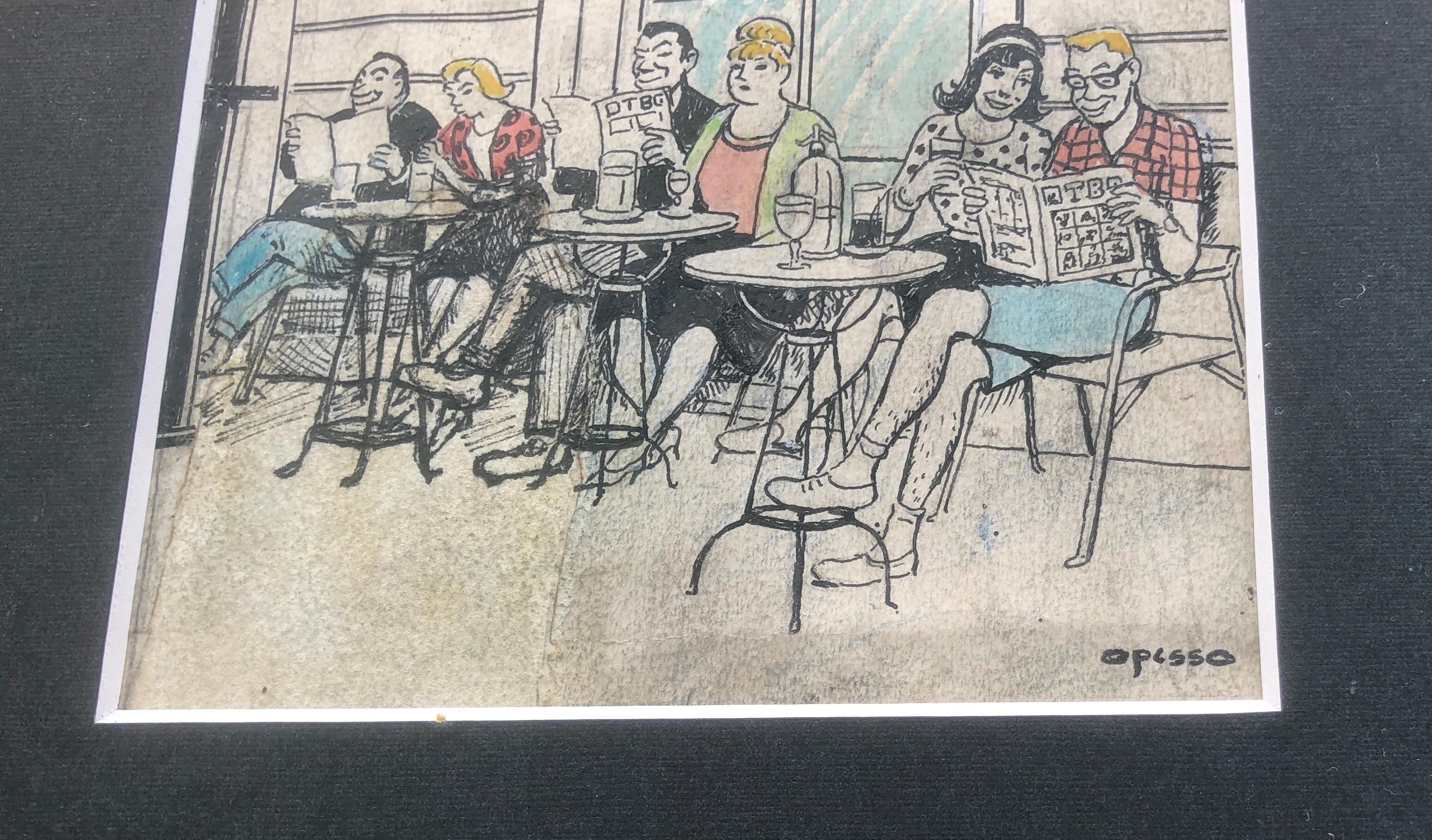 menschen auf der bar terrasse spanische modernität farbige bleistifte (Grau), Figurative Art, von Ricard Opisso Sala