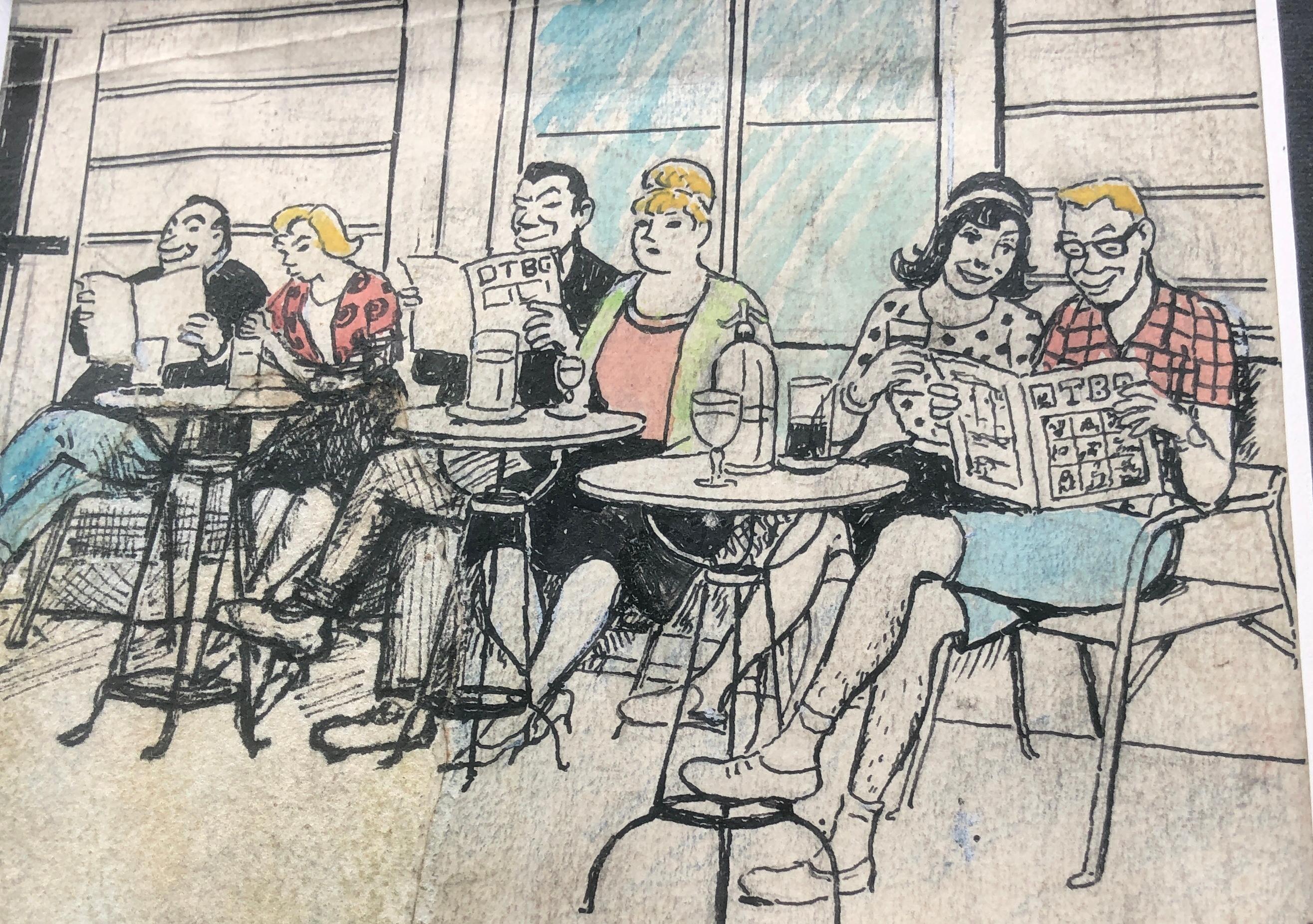 personnes sur la terrasse du bar modernité espagnole crayons de couleur en vente 1
