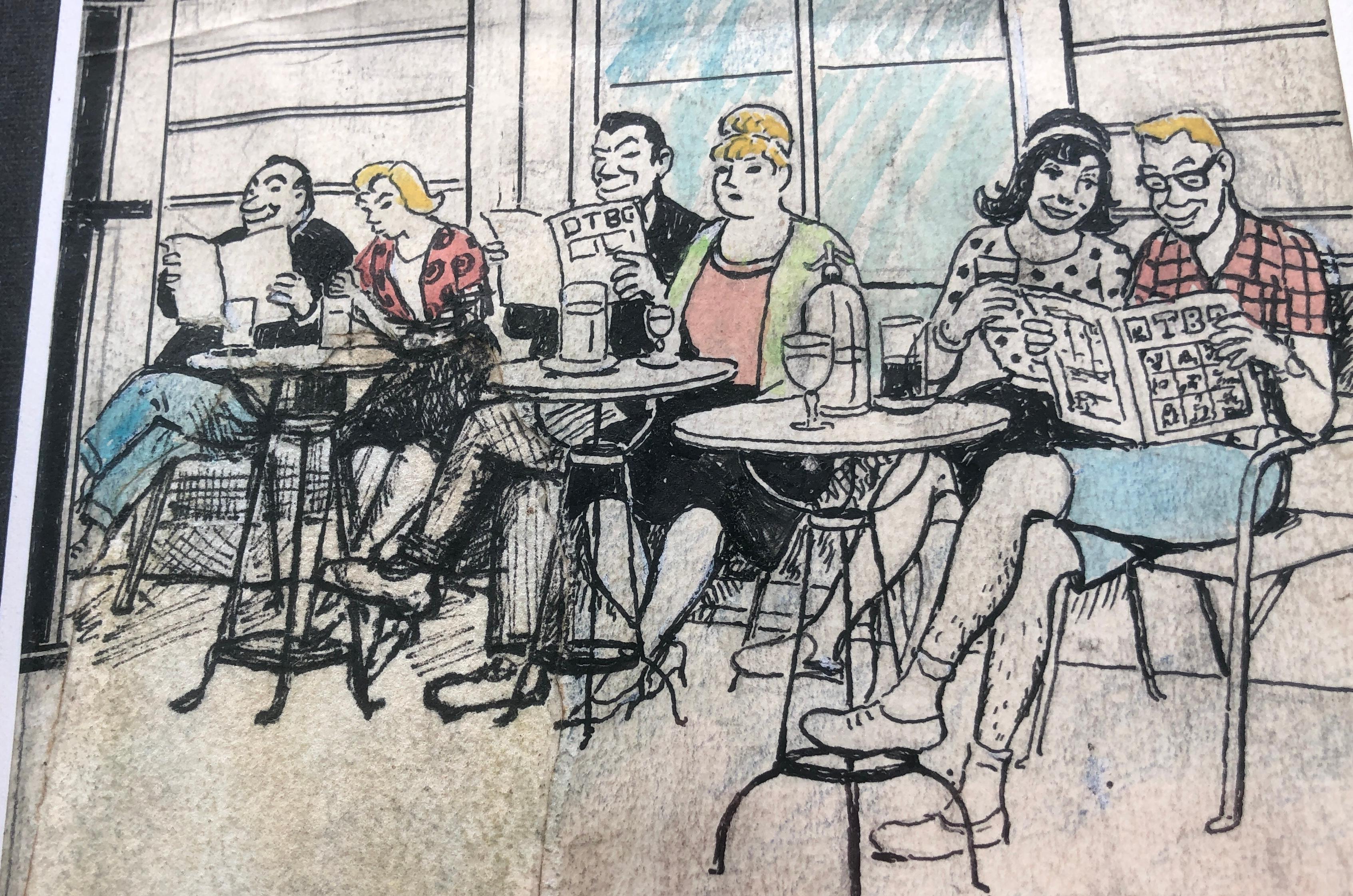personnes sur la terrasse du bar modernité espagnole crayons de couleur en vente 2