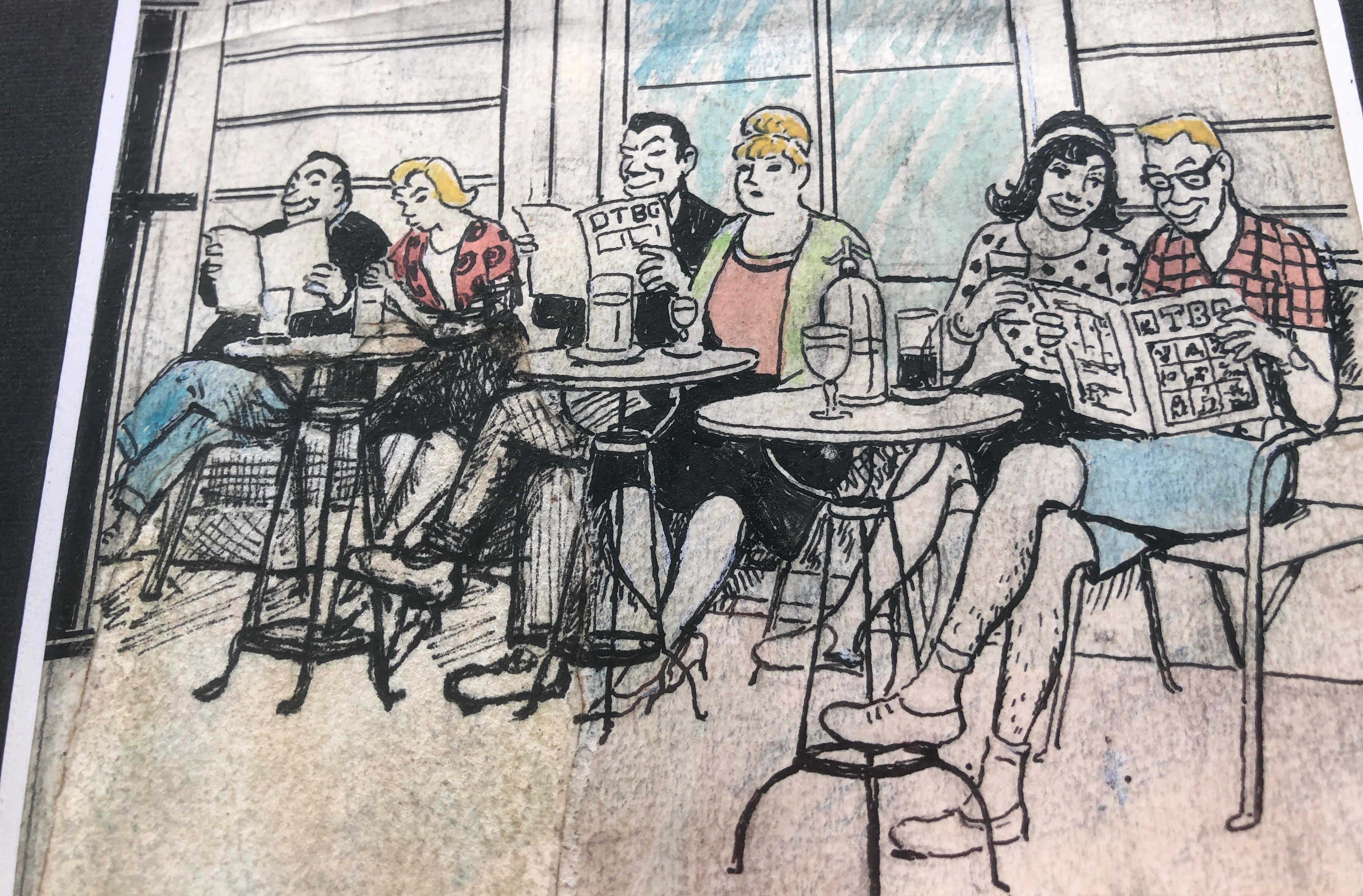 menschen auf der bar terrasse spanische modernität farbige bleistifte im Angebot 2