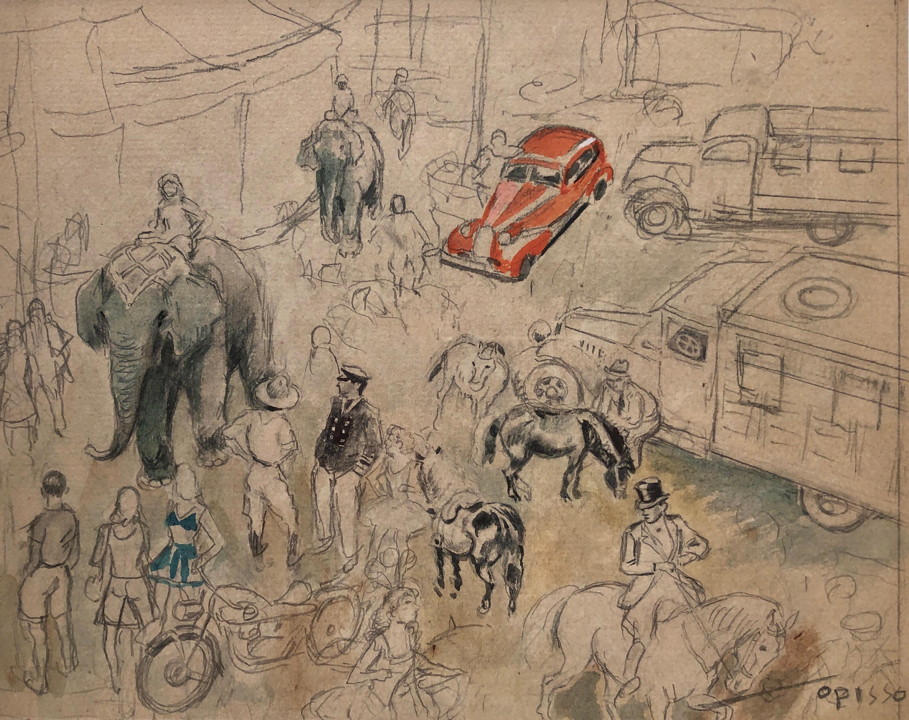 Crowd in Barcelona spanish modernism watercolor drawing Spain