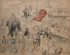 Multitud en Barcelona modernismo español acuarela dibujo España